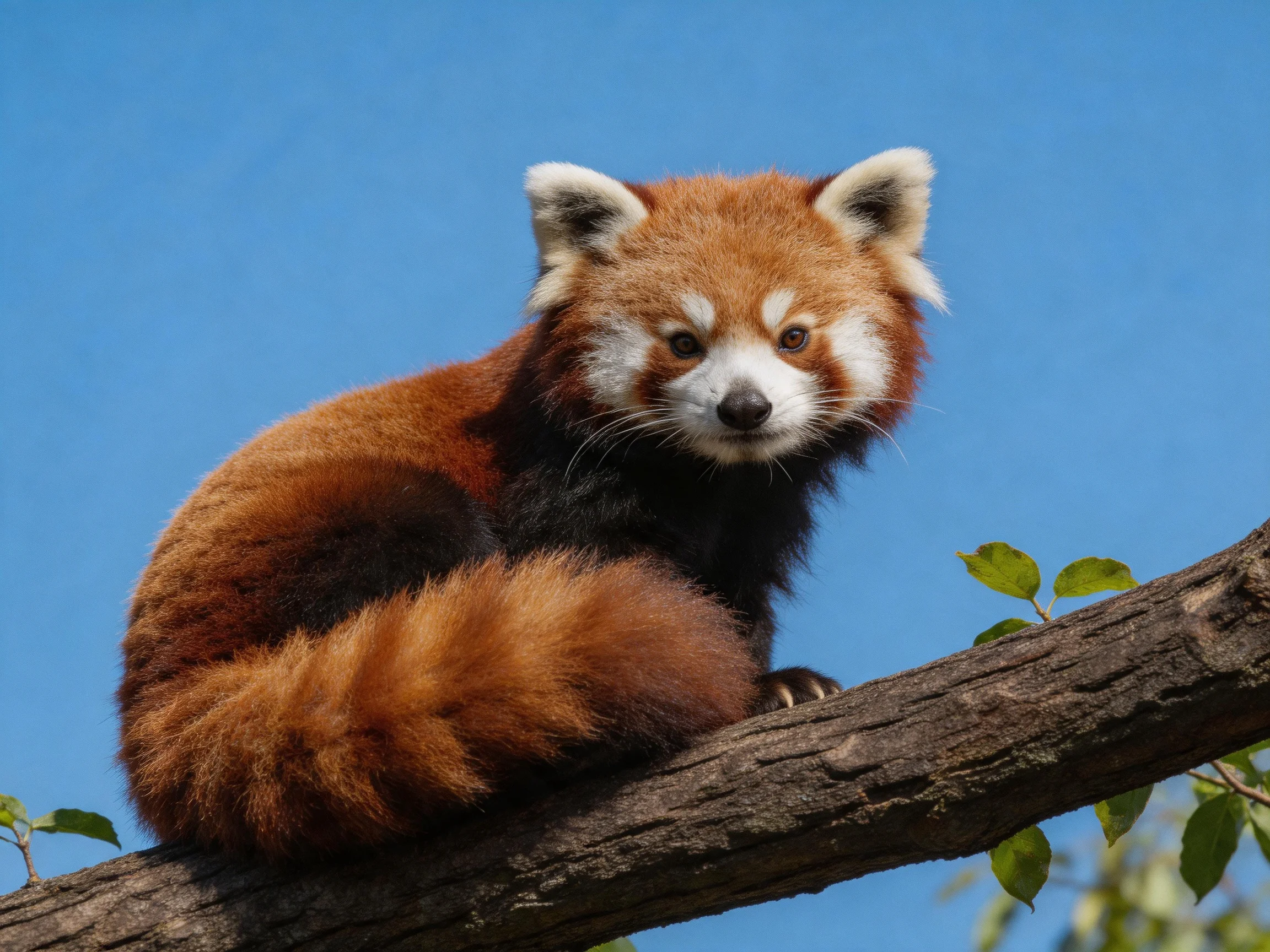 A reddish-brown red panda perches on a dark wooden tree branch under clear blue sky