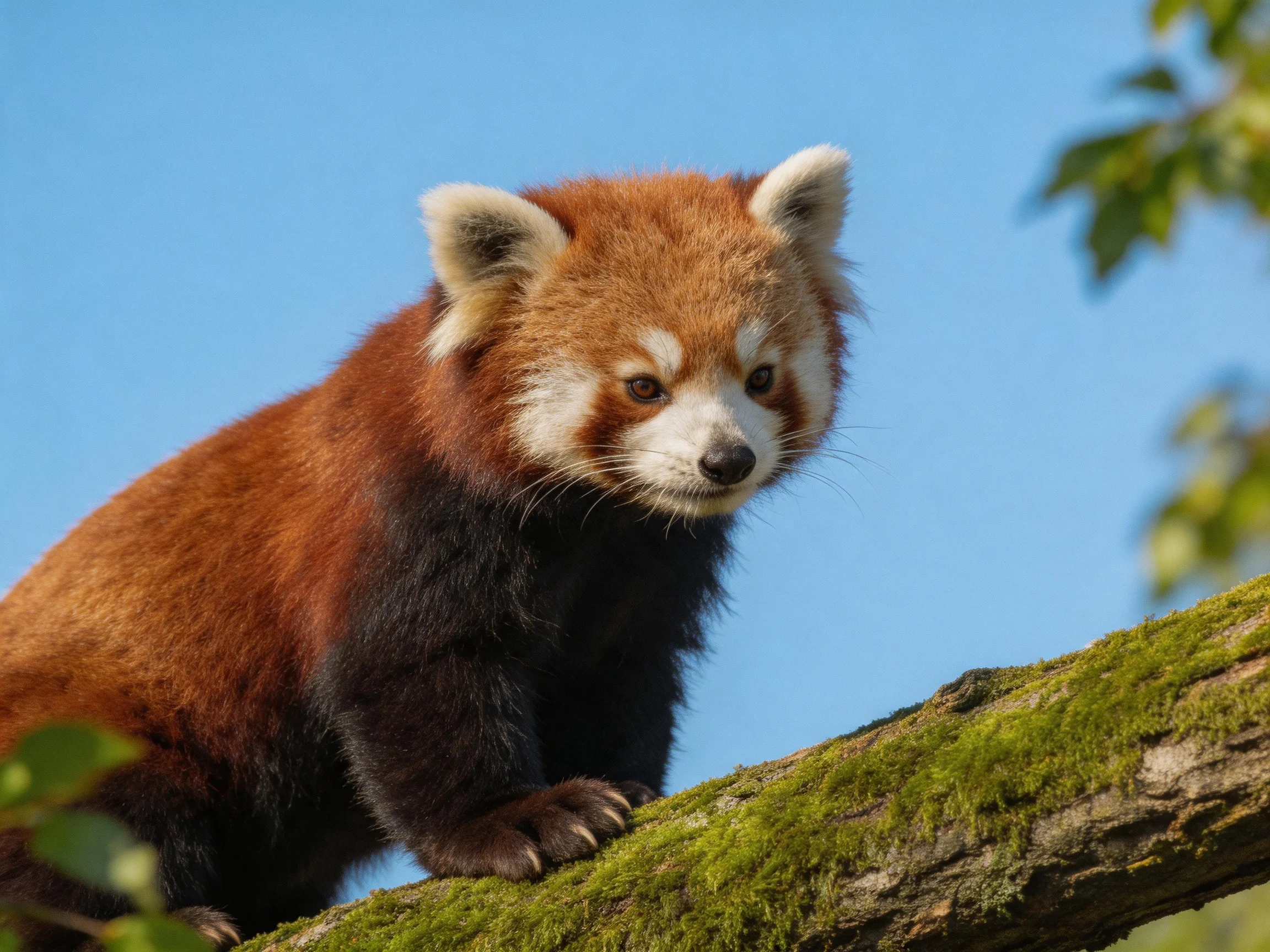 A reddish-brown red panda perches on a moss-laden tree branch