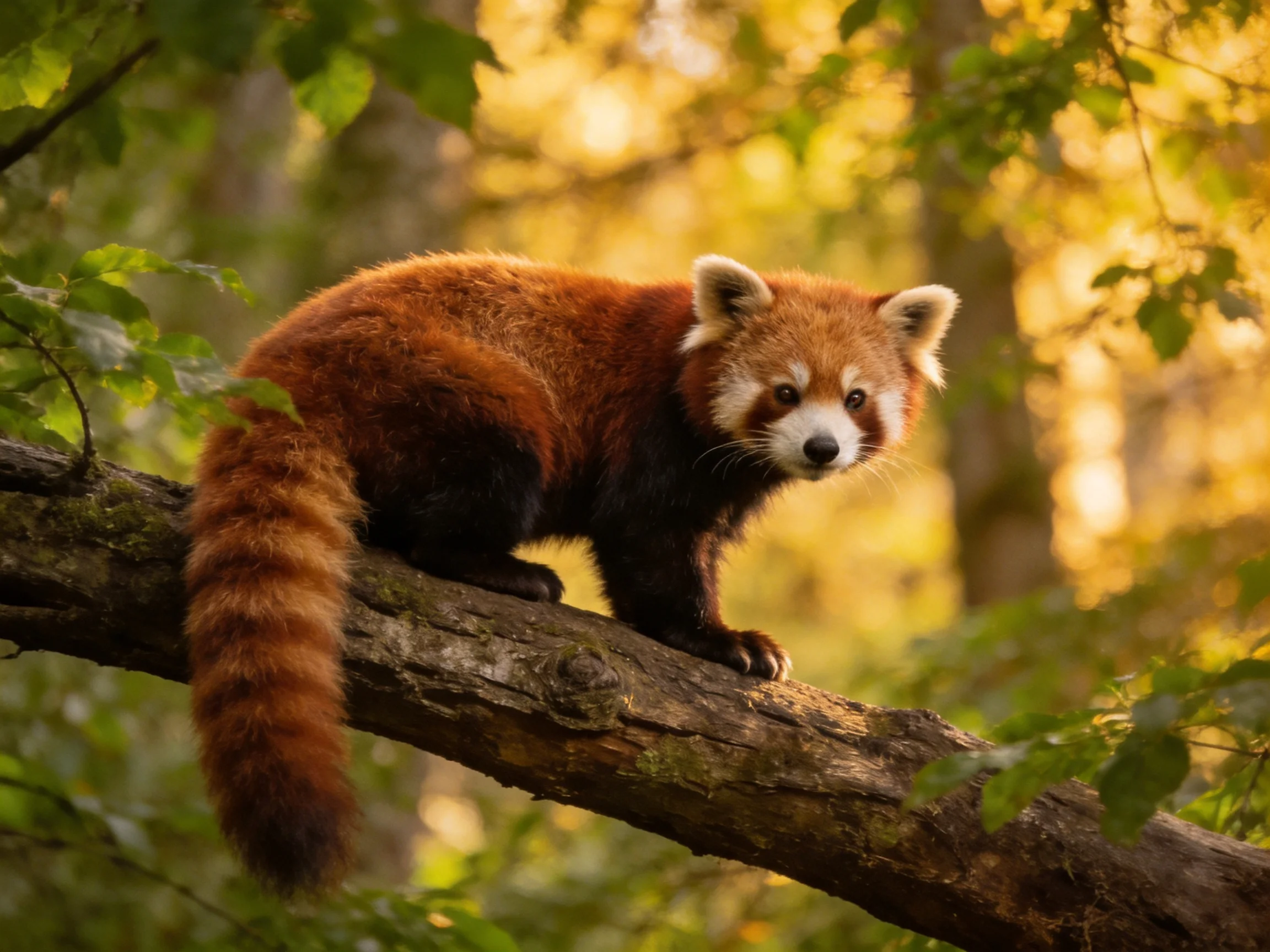 A reddish-brown red panda perches on a mossy tree branch