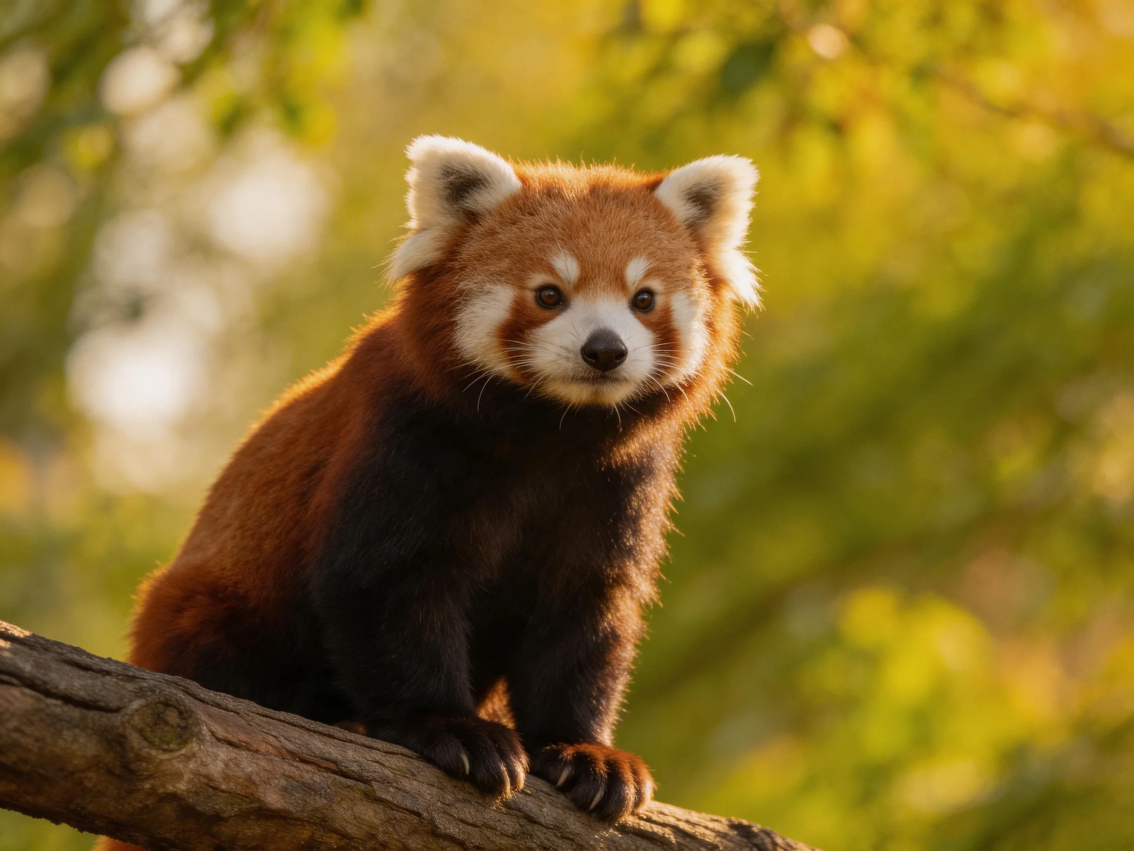A reddish-brown red panda perches on a wooden tree branch