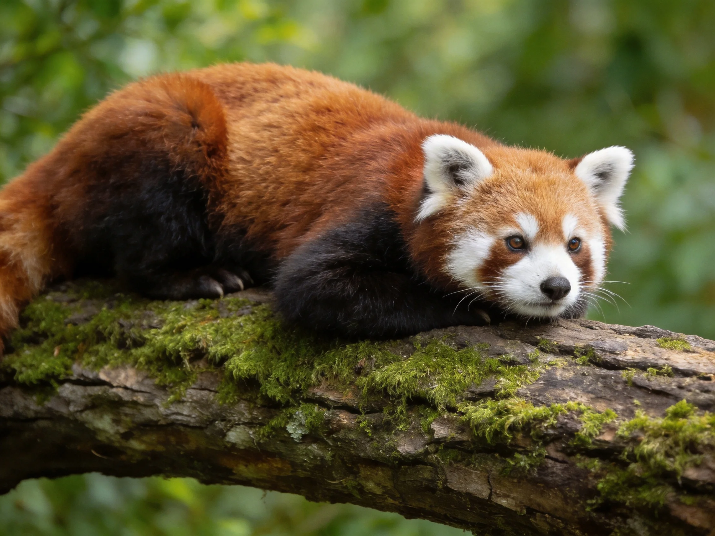 A reddish - brown red panda rests on a moss - covered tree branch