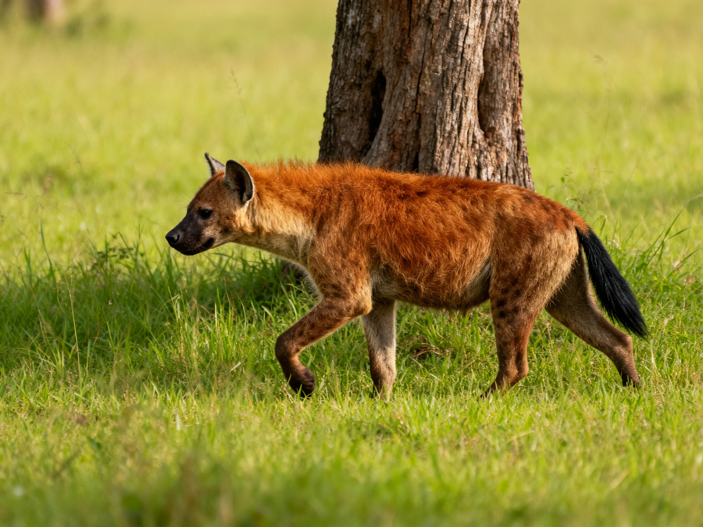 A reddish-brown spotted hyena walks near a gnarled tree trunk