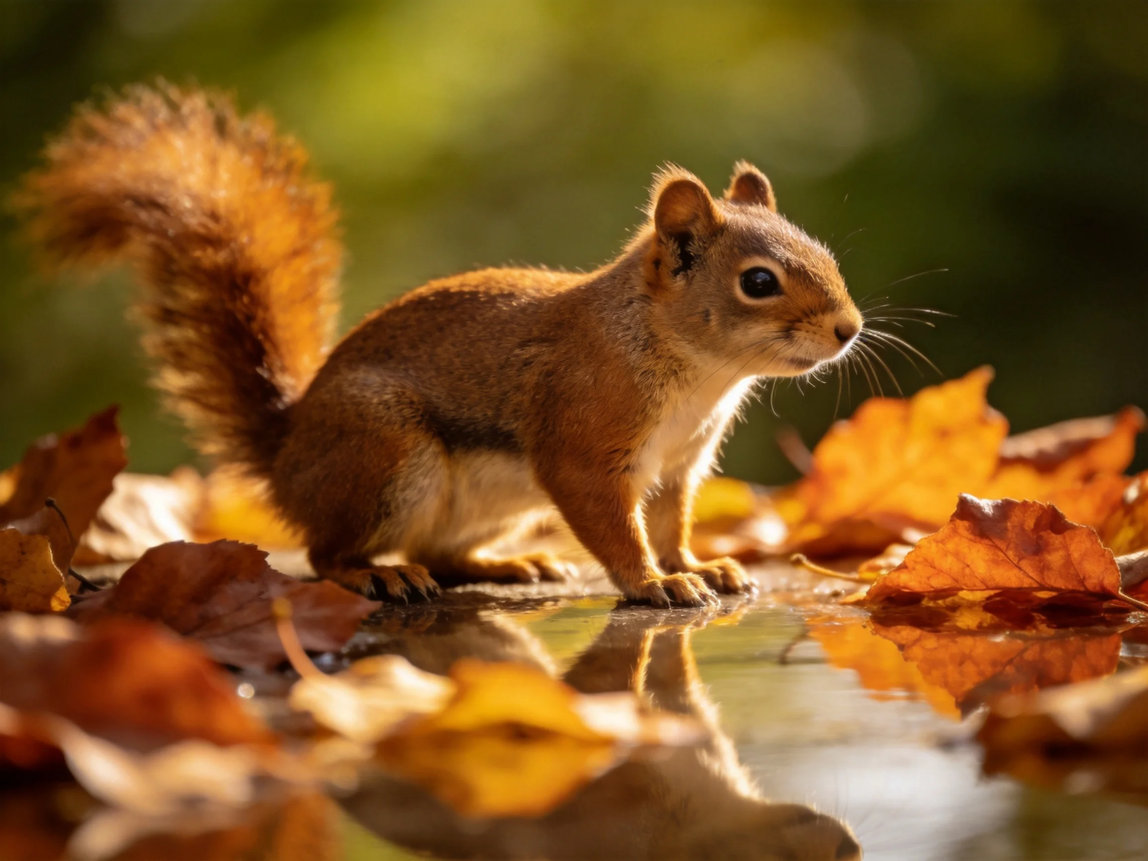 A reddish-brown squirrel sits among autumn leaves by reflective water