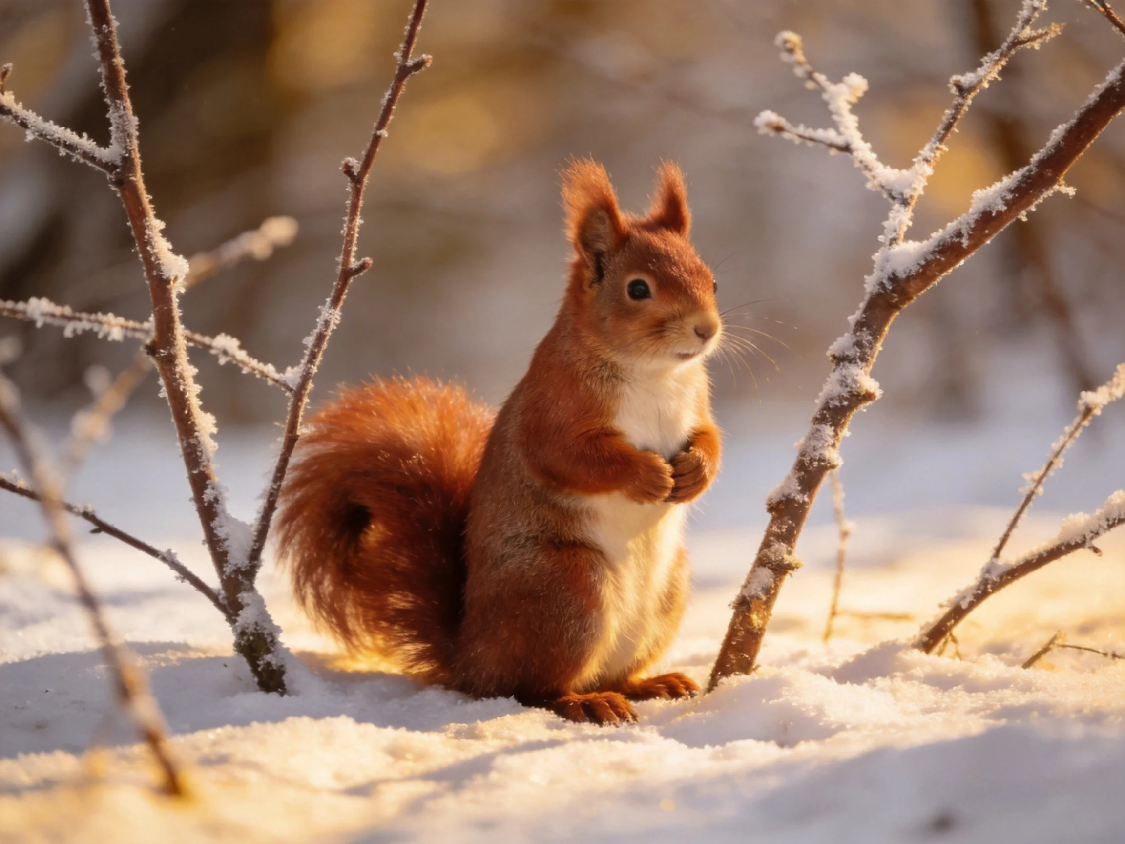 A reddish-brown squirrel among frosty branches on snowy ground