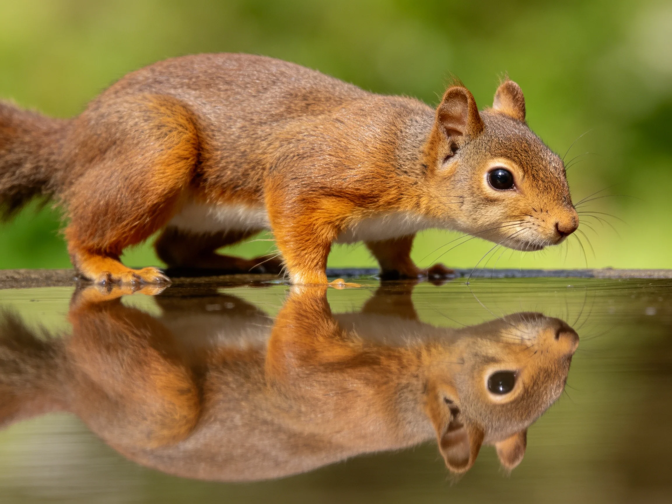 A reddish-brown squirrel stands by still water, its reflection mirrored below.