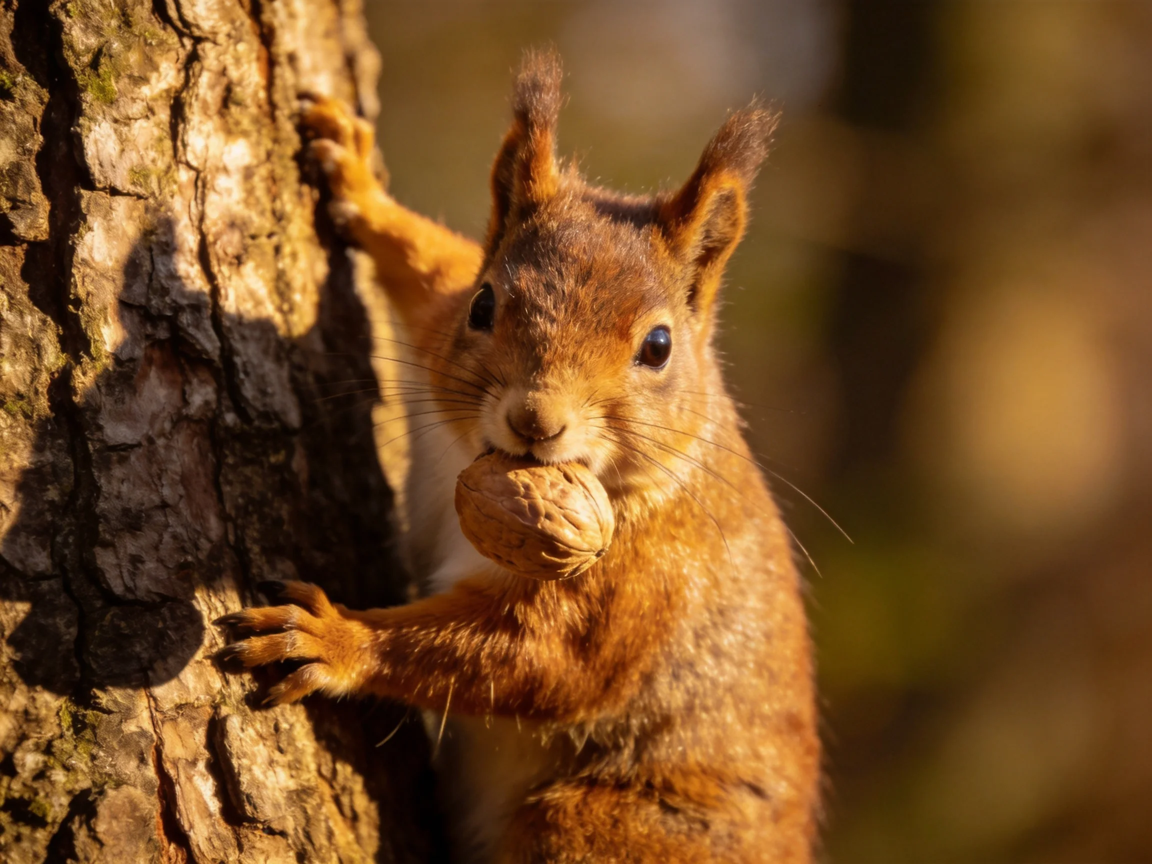 A reddish-brown squirrel carrying a large nut near a textured tree trunk