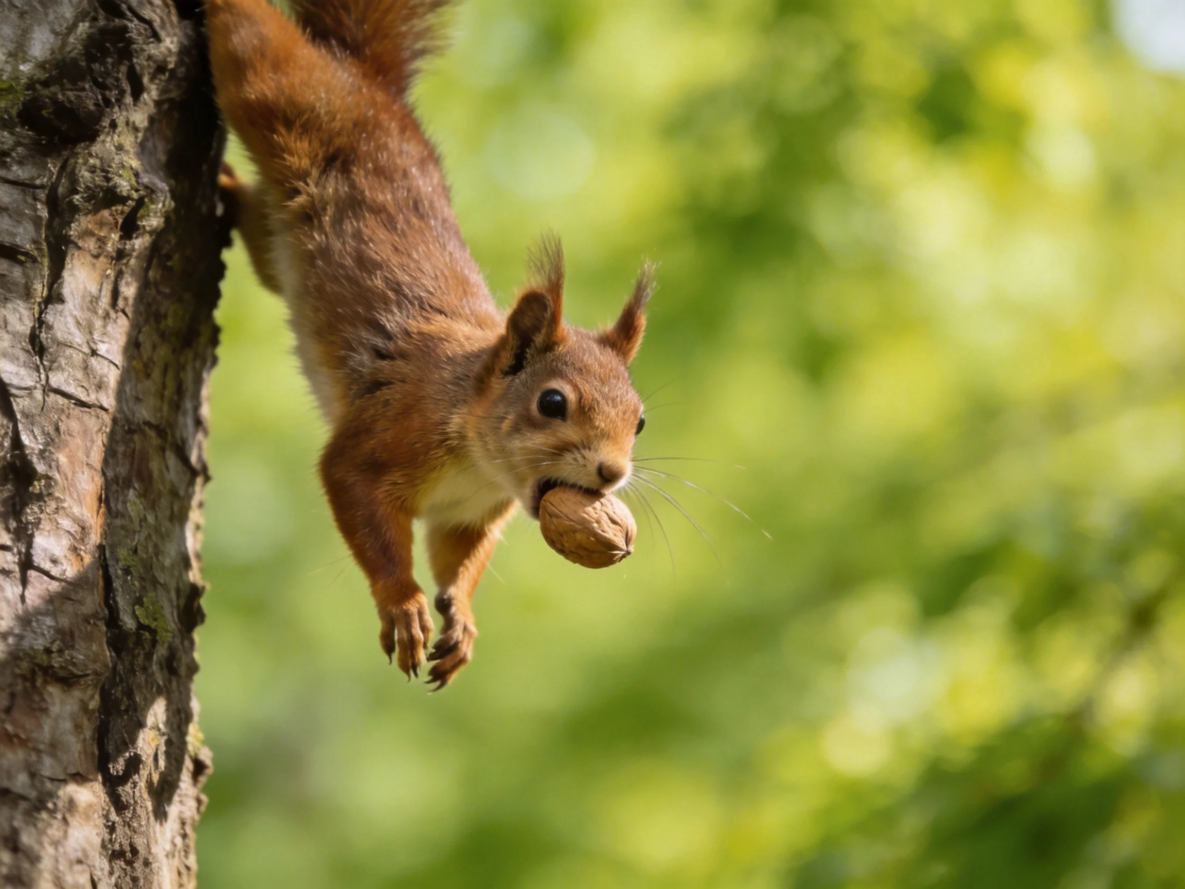 A reddish-brown squirrel carrying a nut near a textured tree trunk