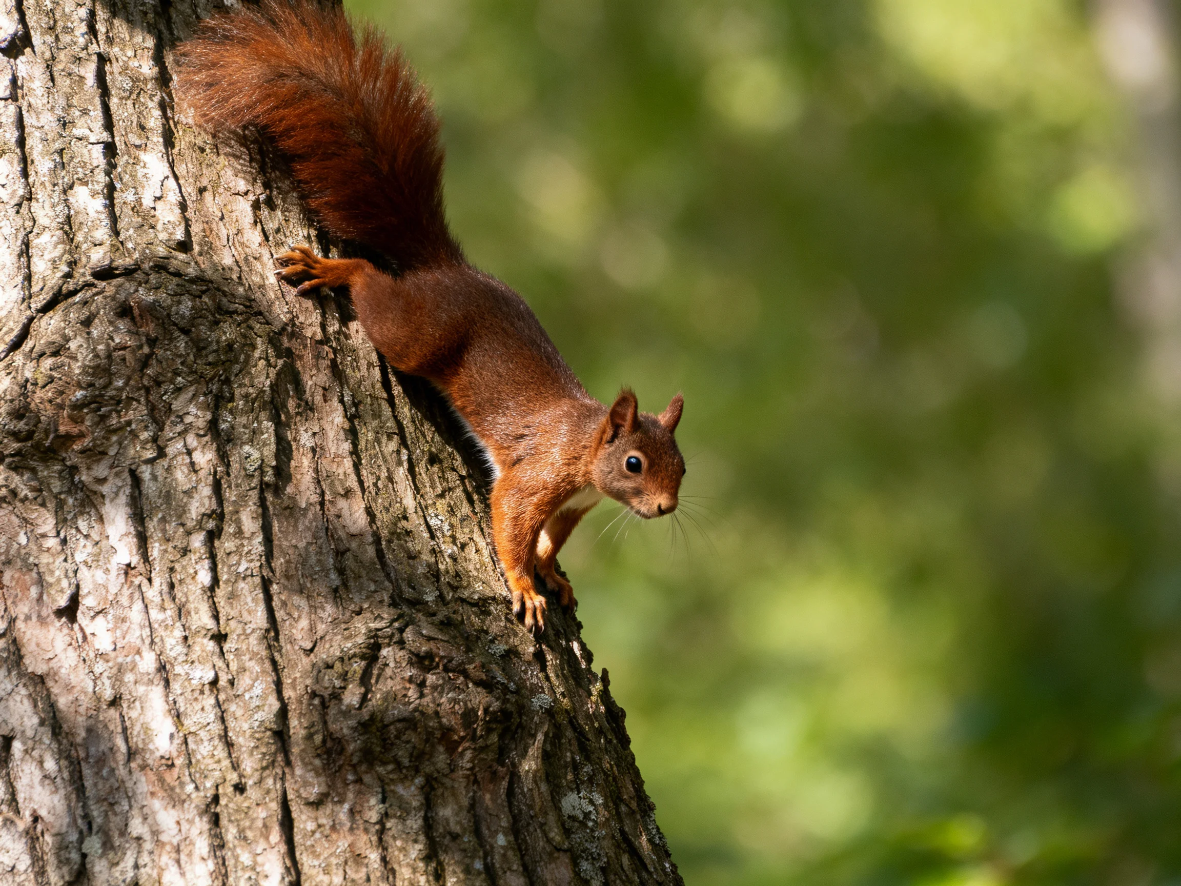 A reddish-brown squirrel climbs a gnarled tree trunk in a sunlit forest.