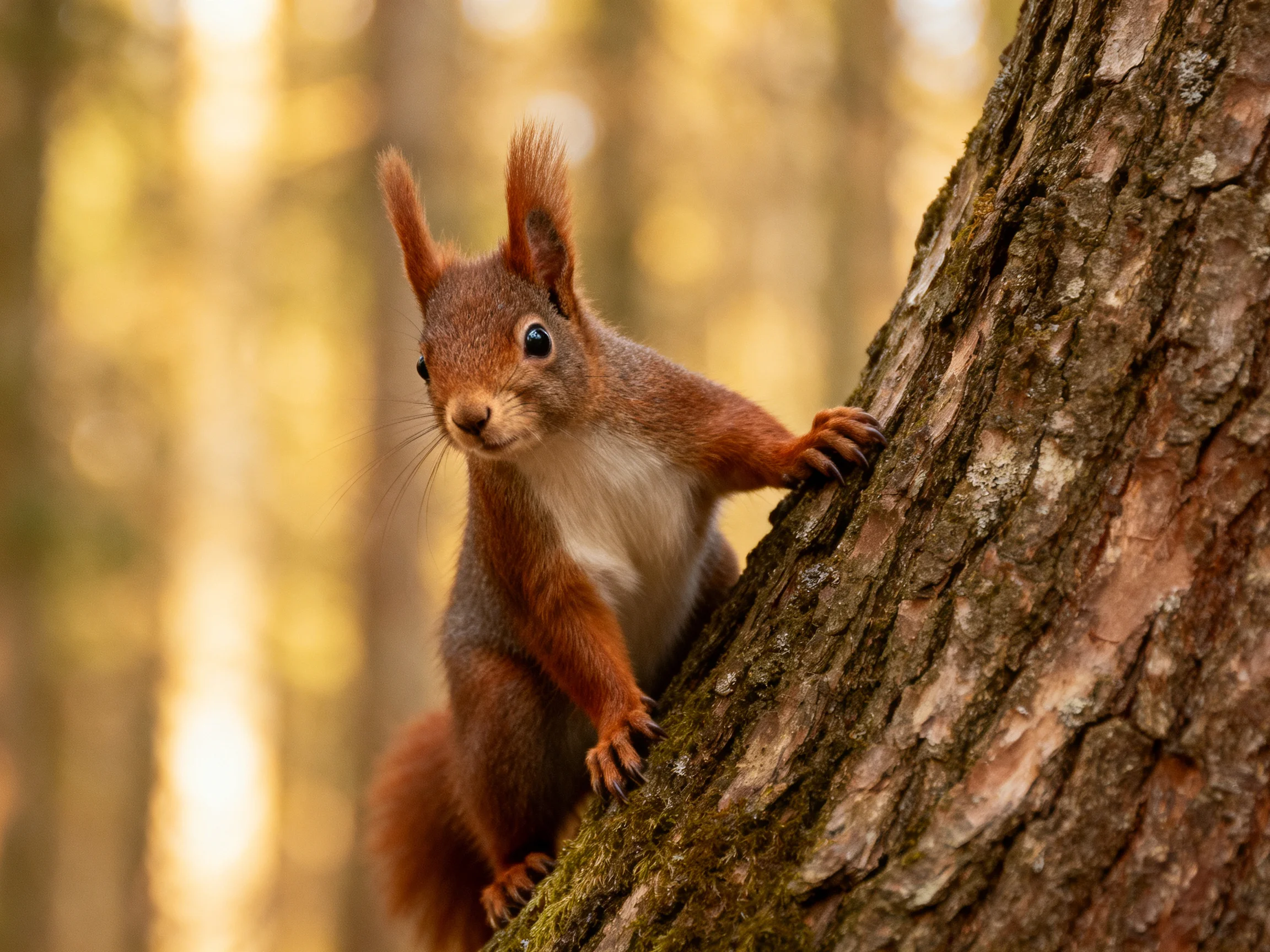 A reddish-brown squirrel climbs a moss-covered tree trunk in a sunlit forest