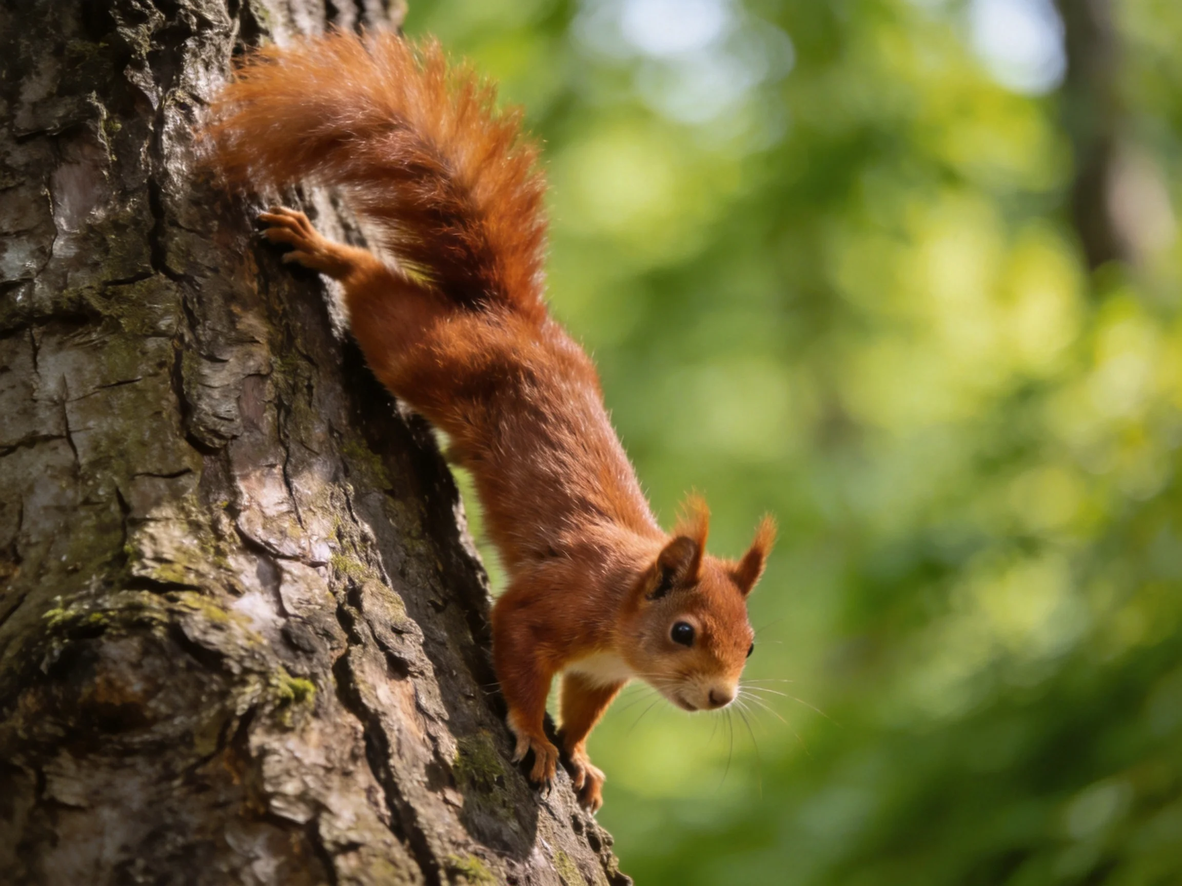 A reddish-brown squirrel climbs a rough-textured tree trunk amid lush greenery