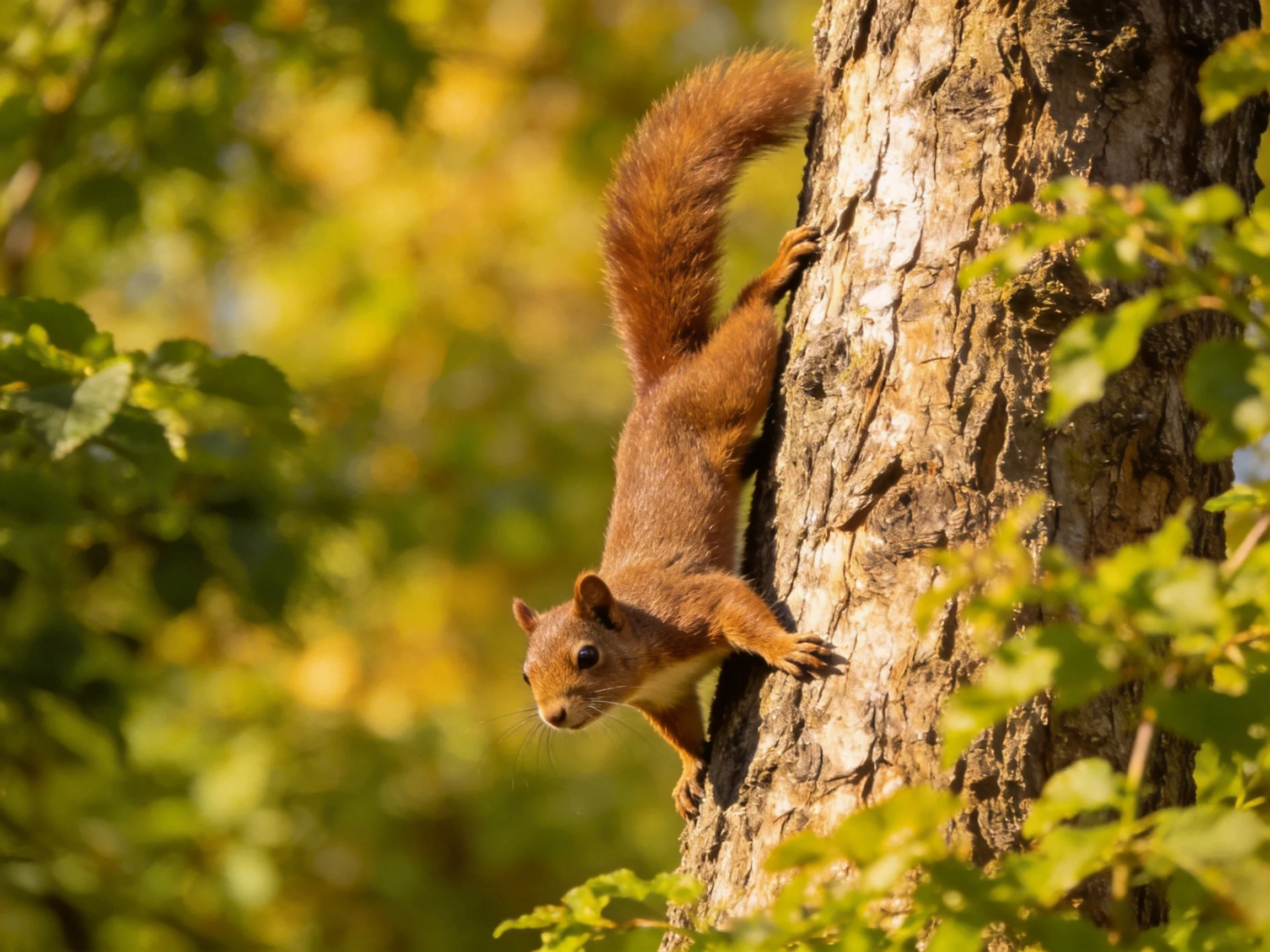 A reddish-brown squirrel climbs a rough-textured tree trunk among green foliage