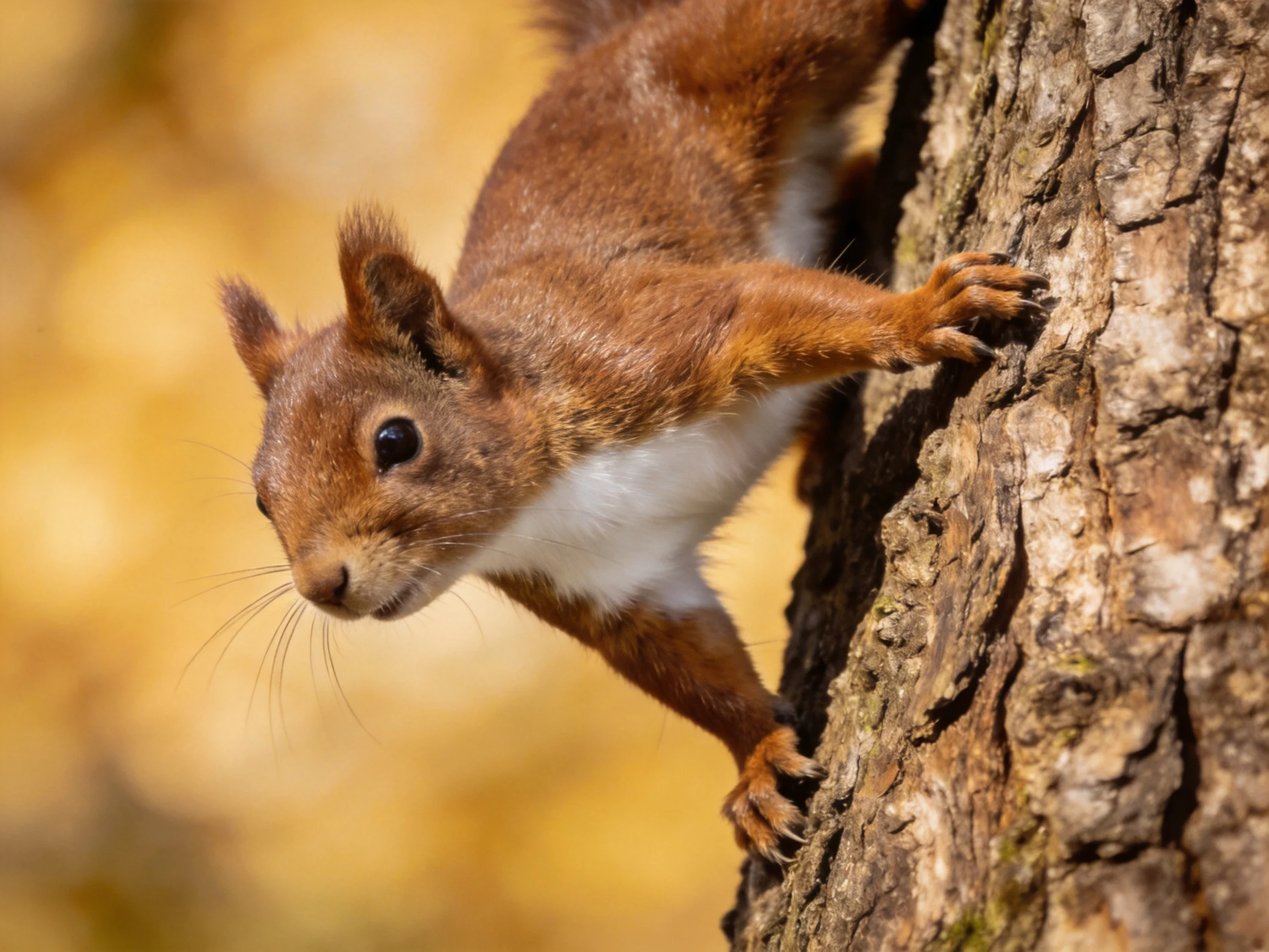 A reddish-brown squirrel climbs a rough-textured tree trunk