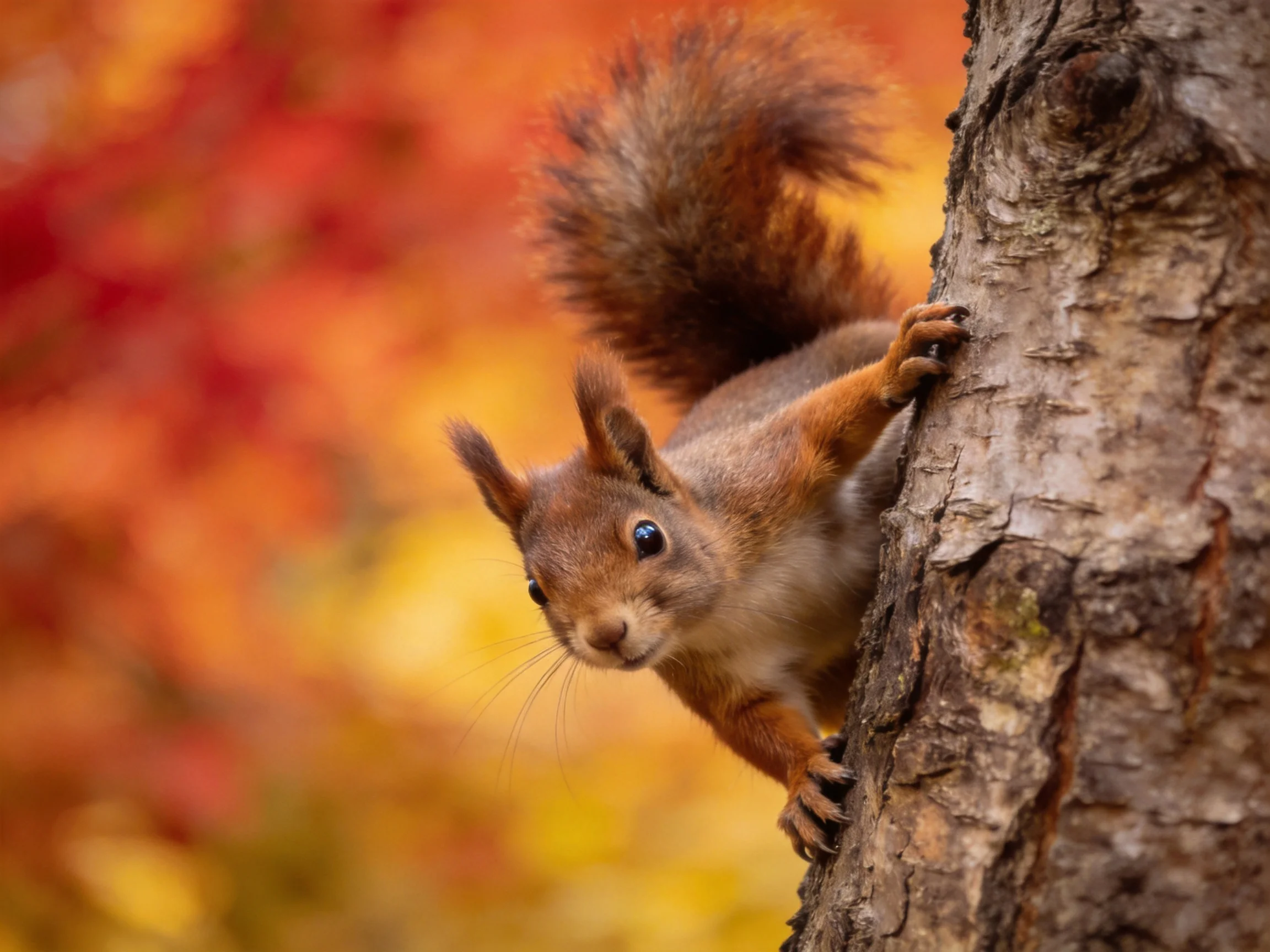 A reddish-brown squirrel climbs a rough tree trunk with autumn foliage