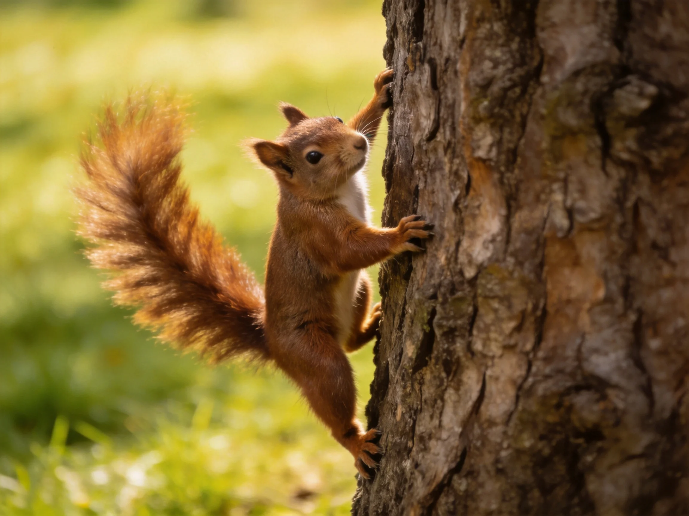A reddish-brown squirrel climbs a tree trunk in a sunlit meadow