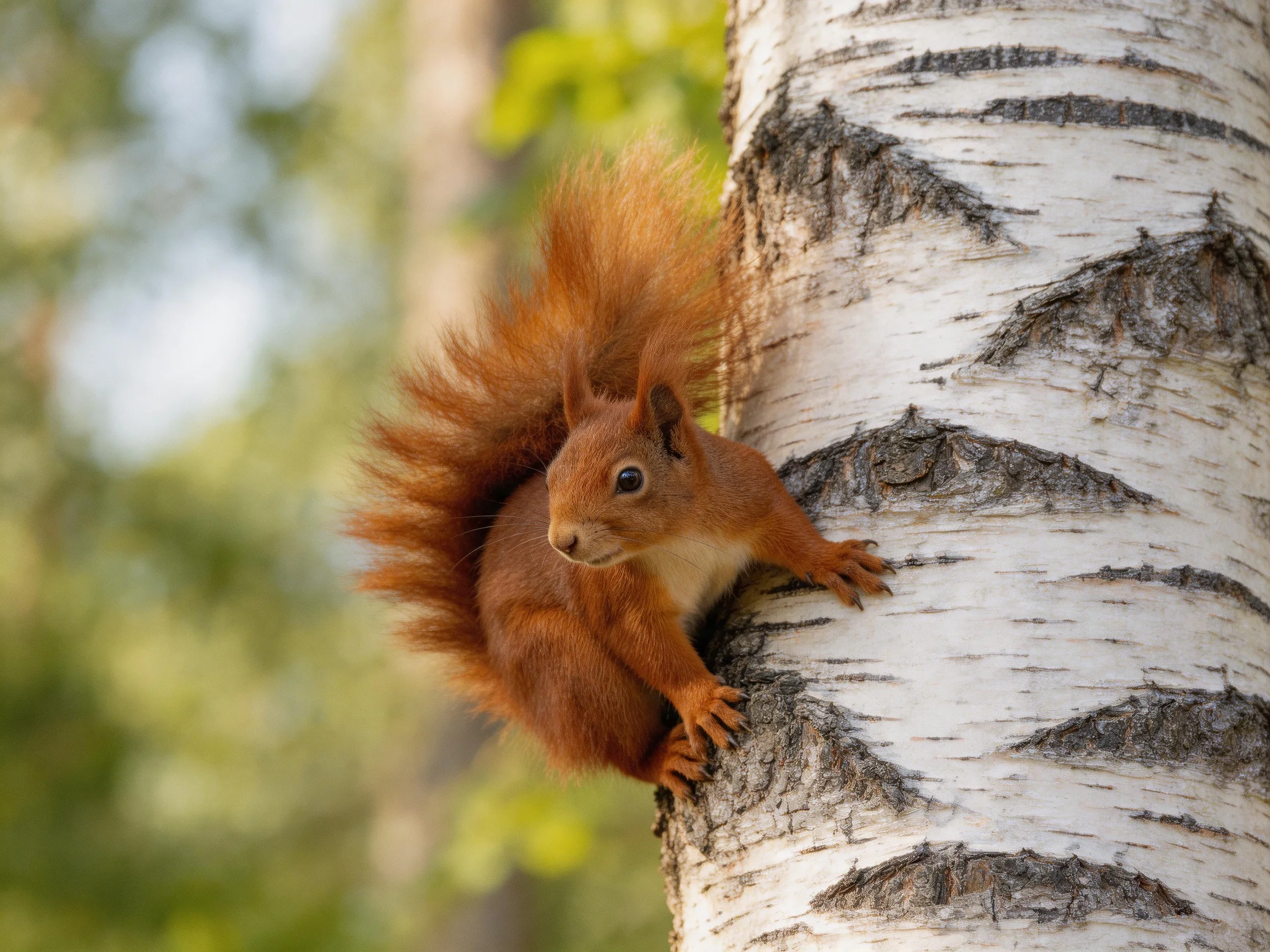 A reddish-brown squirrel climbs a white-barked birch tree