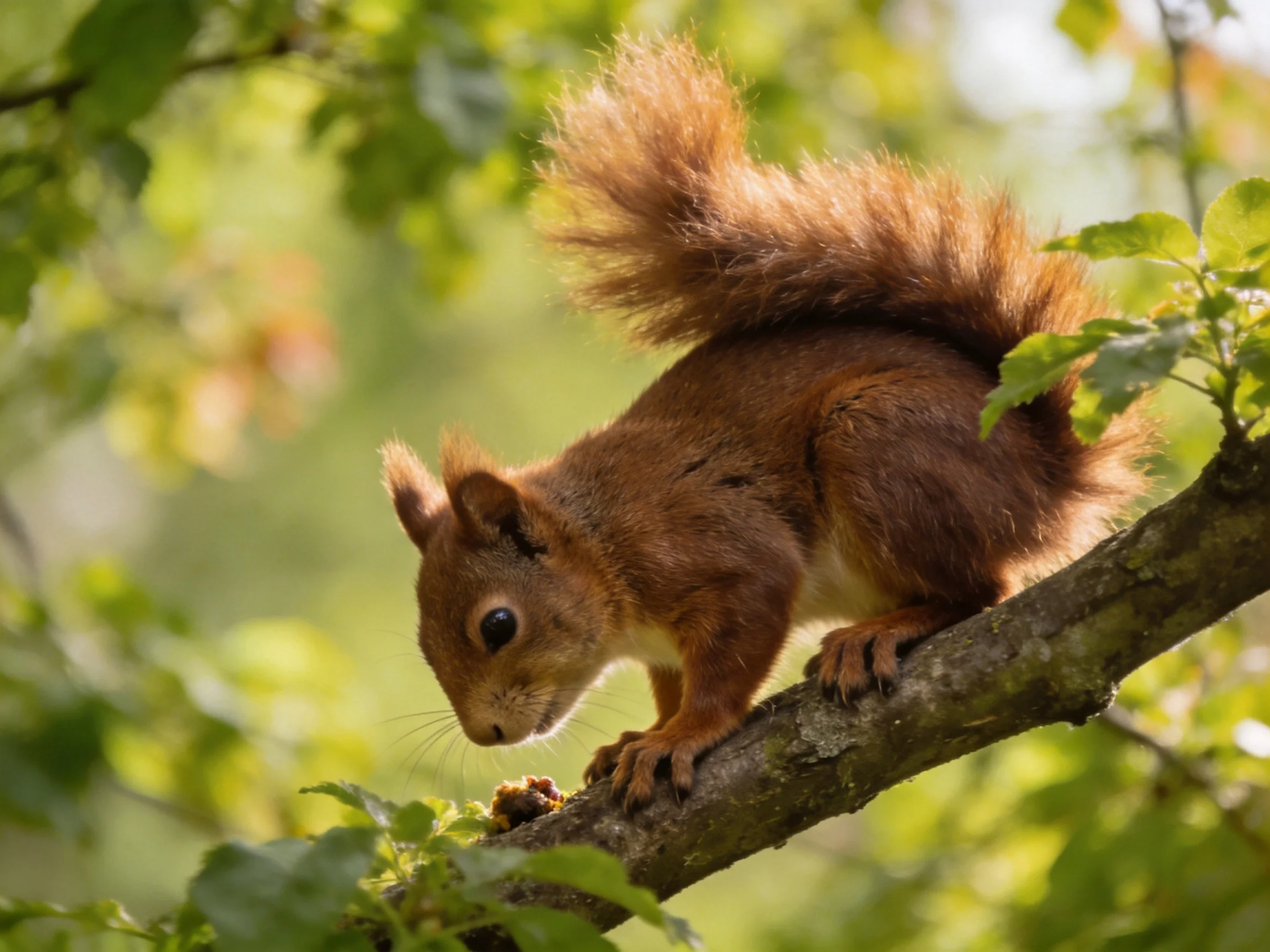 A reddish-brown squirrel climbs on a tree branch amid lush green foliage