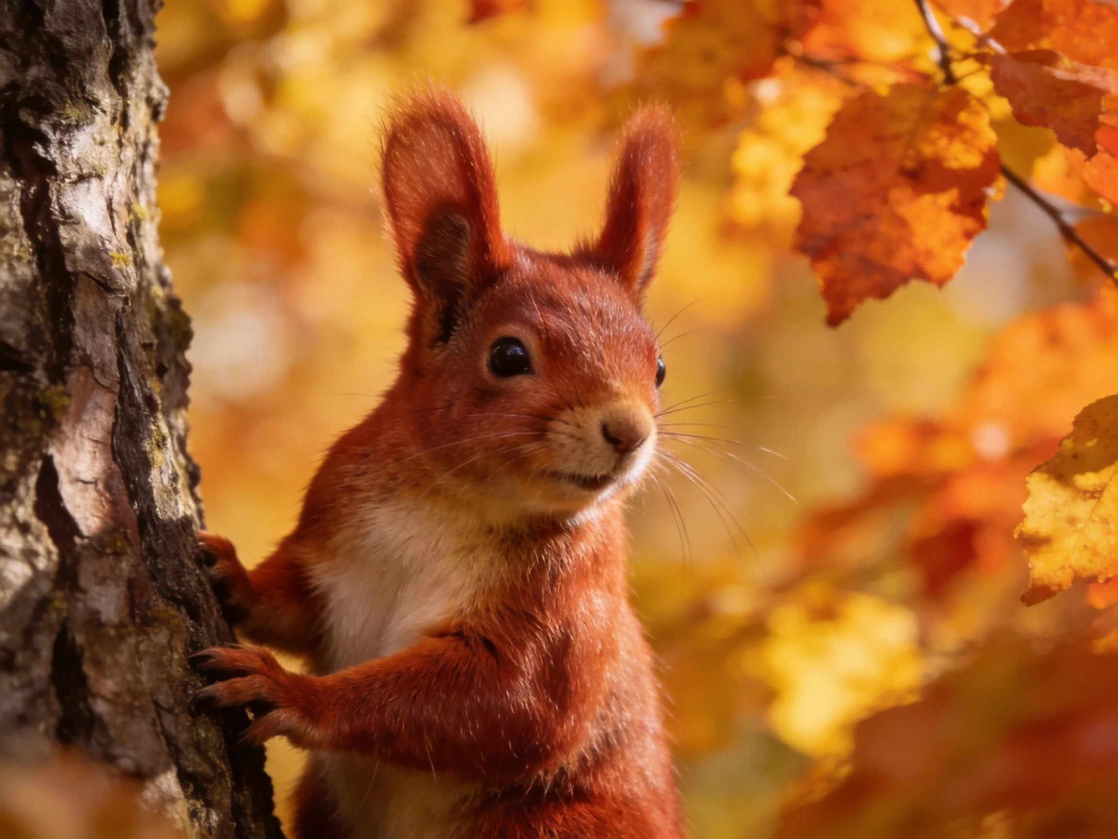 A reddish-brown squirrel clings to a rough tree trunk amid golden autumn leaves