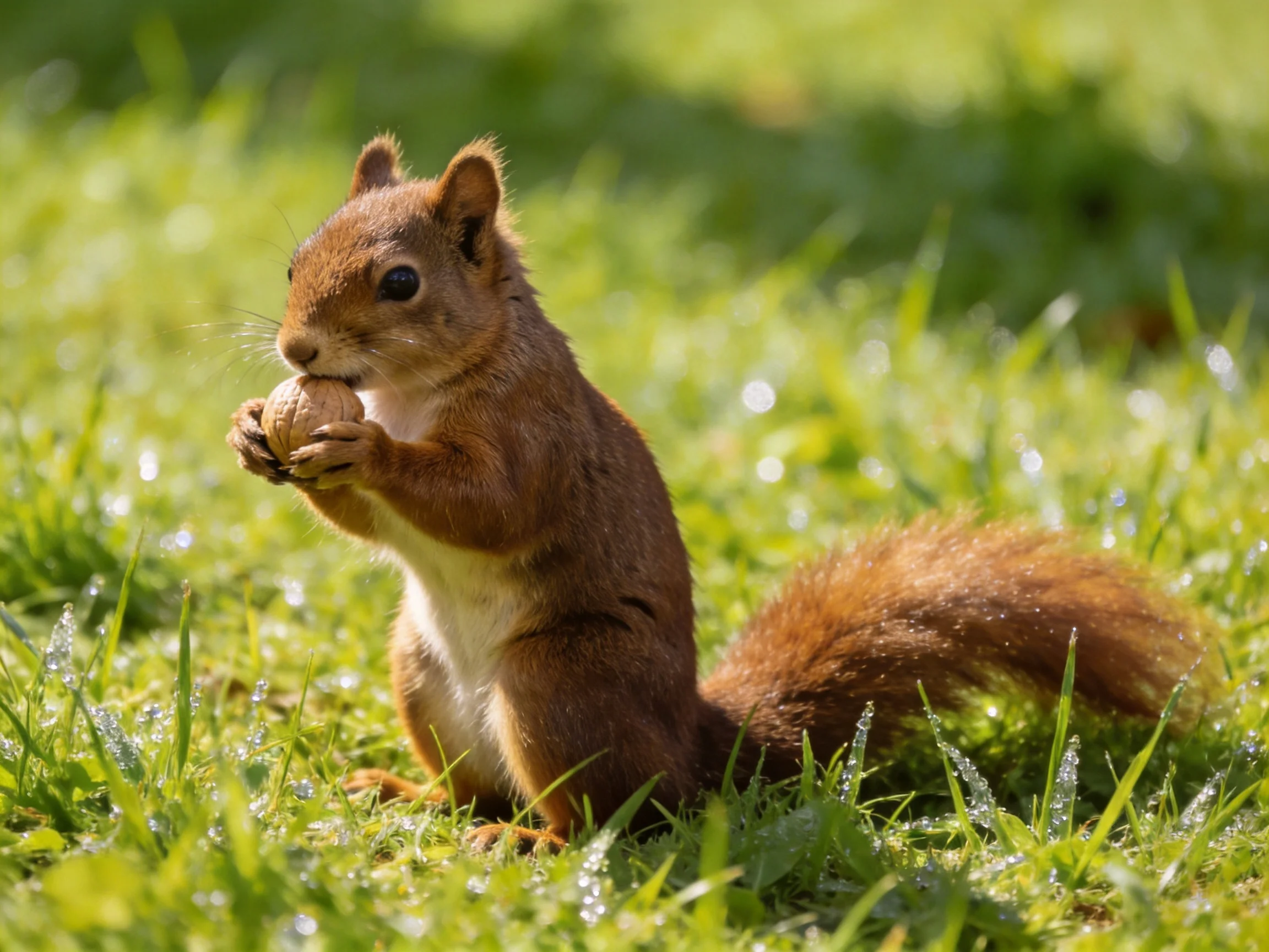 A reddish-brown squirrel clutching a nut on dewy green grass