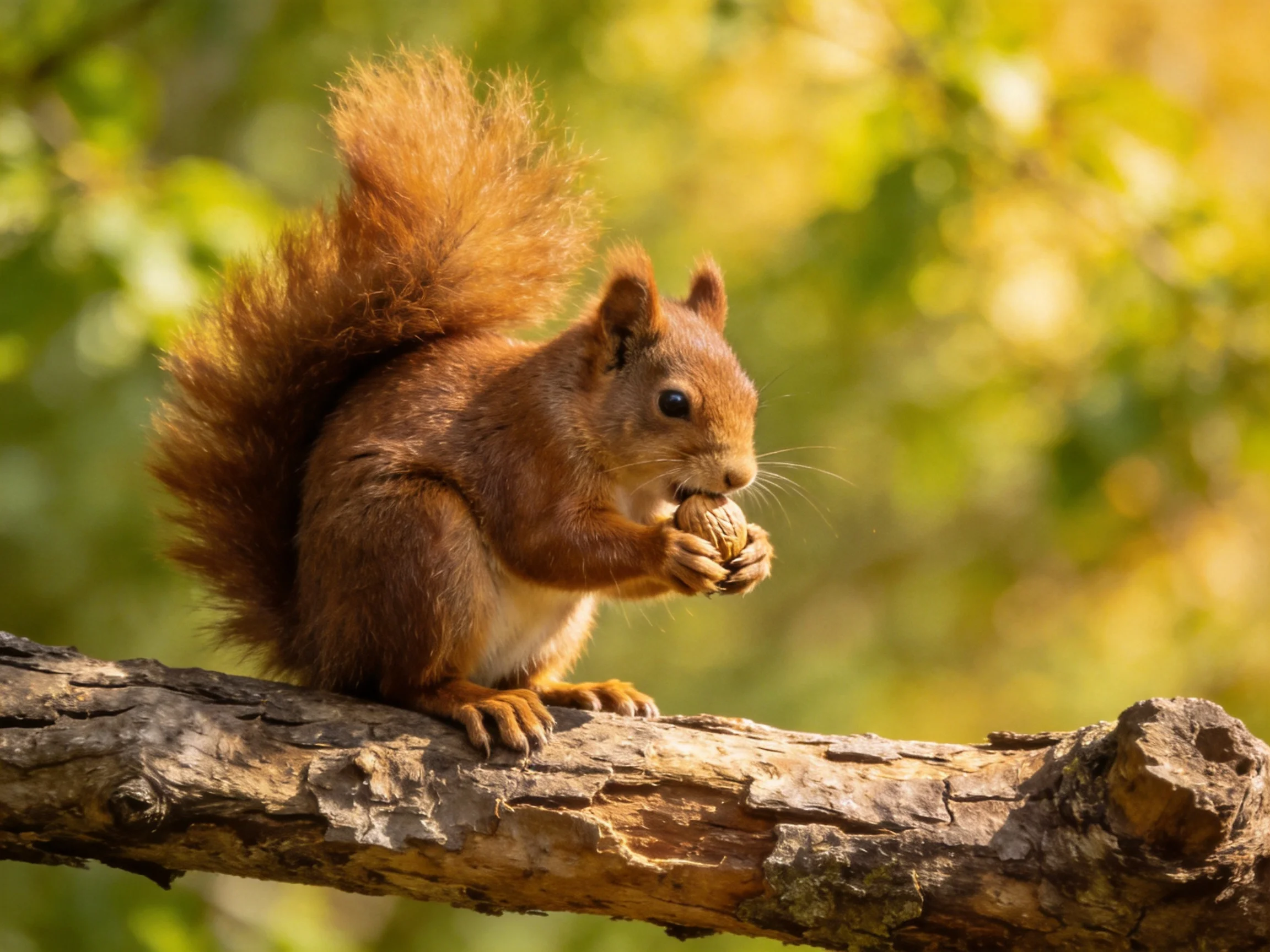 A reddish-brown squirrel eating a nut on a gnarled tree branch