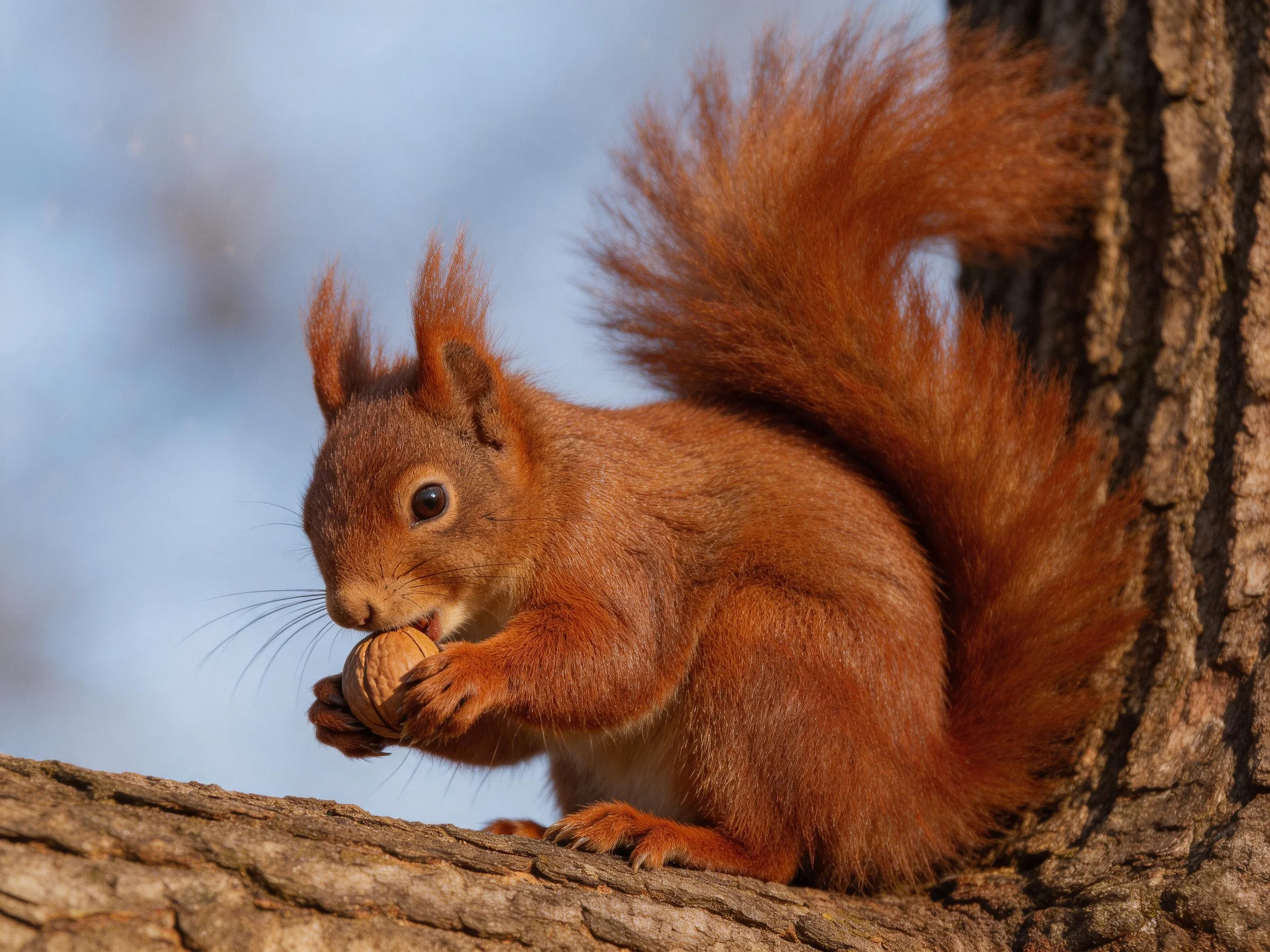 A reddish-brown squirrel eating a nut on a rugged tree trunk