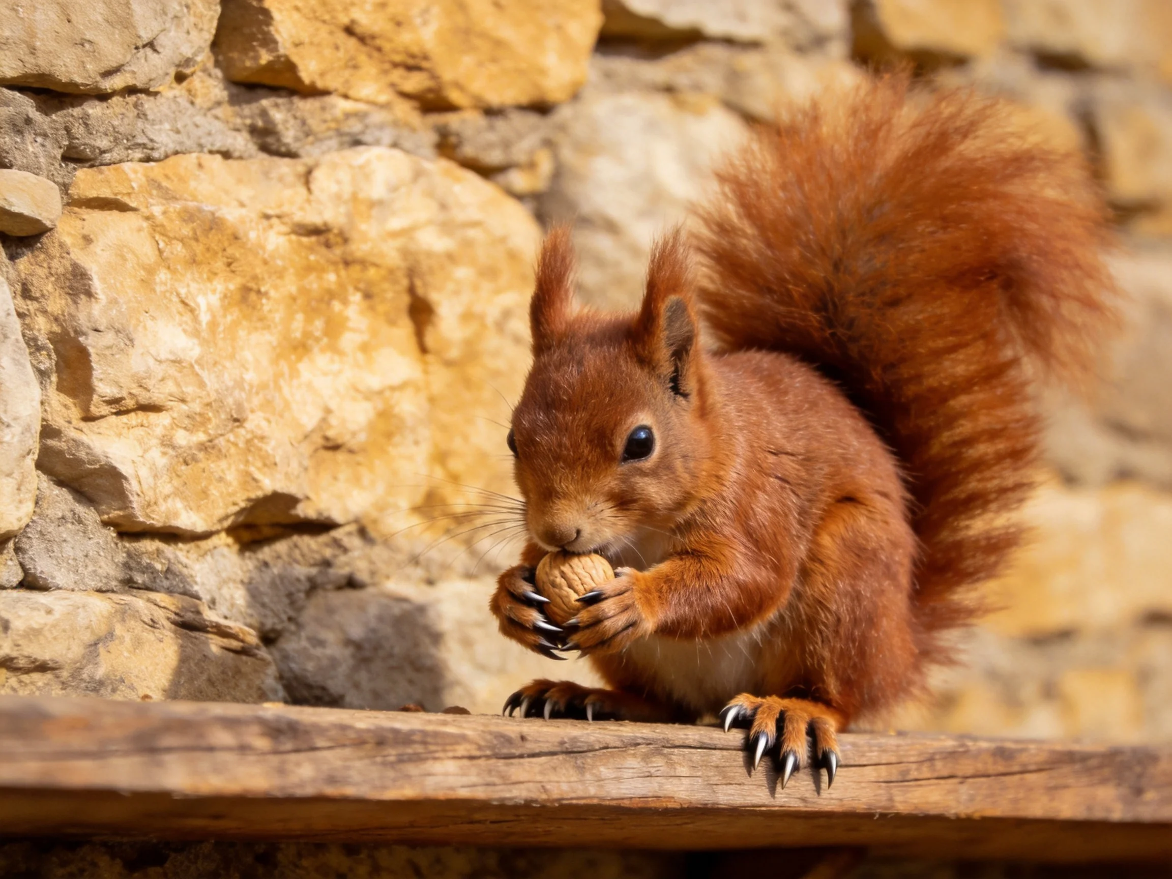 A reddish-brown squirrel eats a nut by a stone wall.