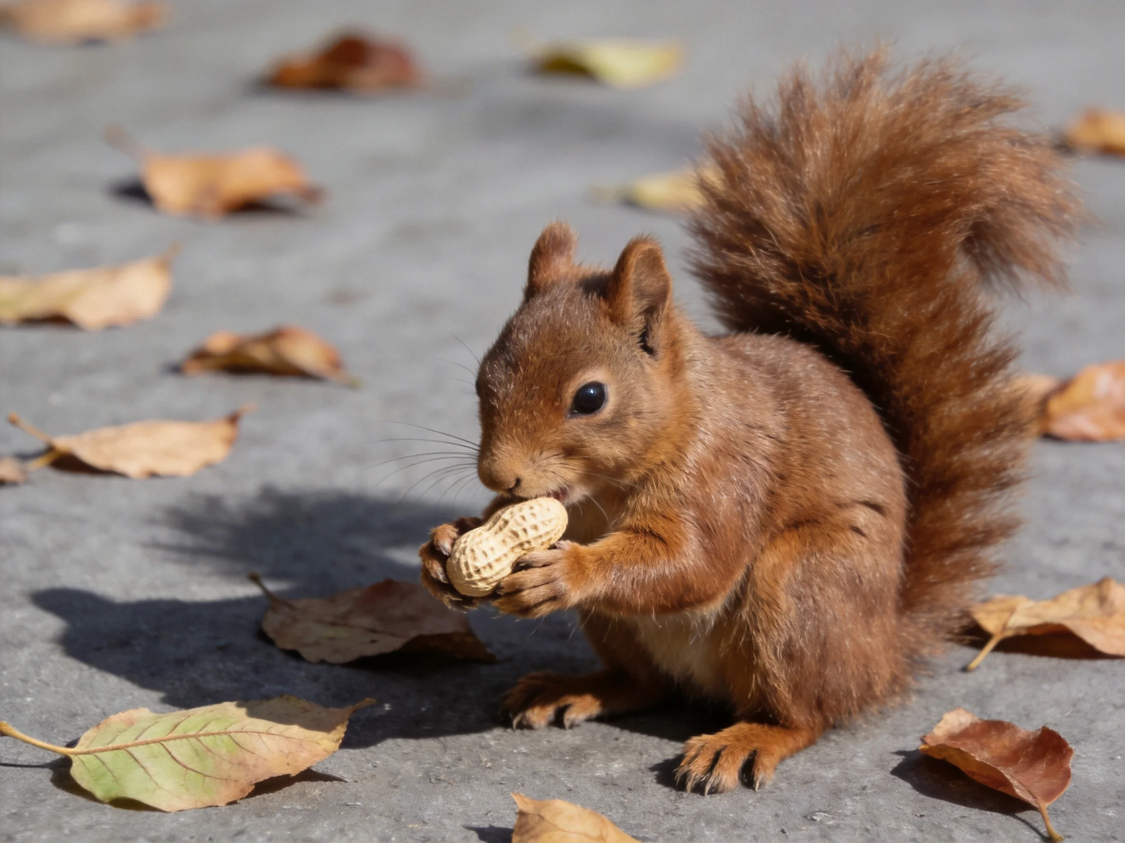 A reddish - brown squirrel eats a peanut amid scattered fall leaves