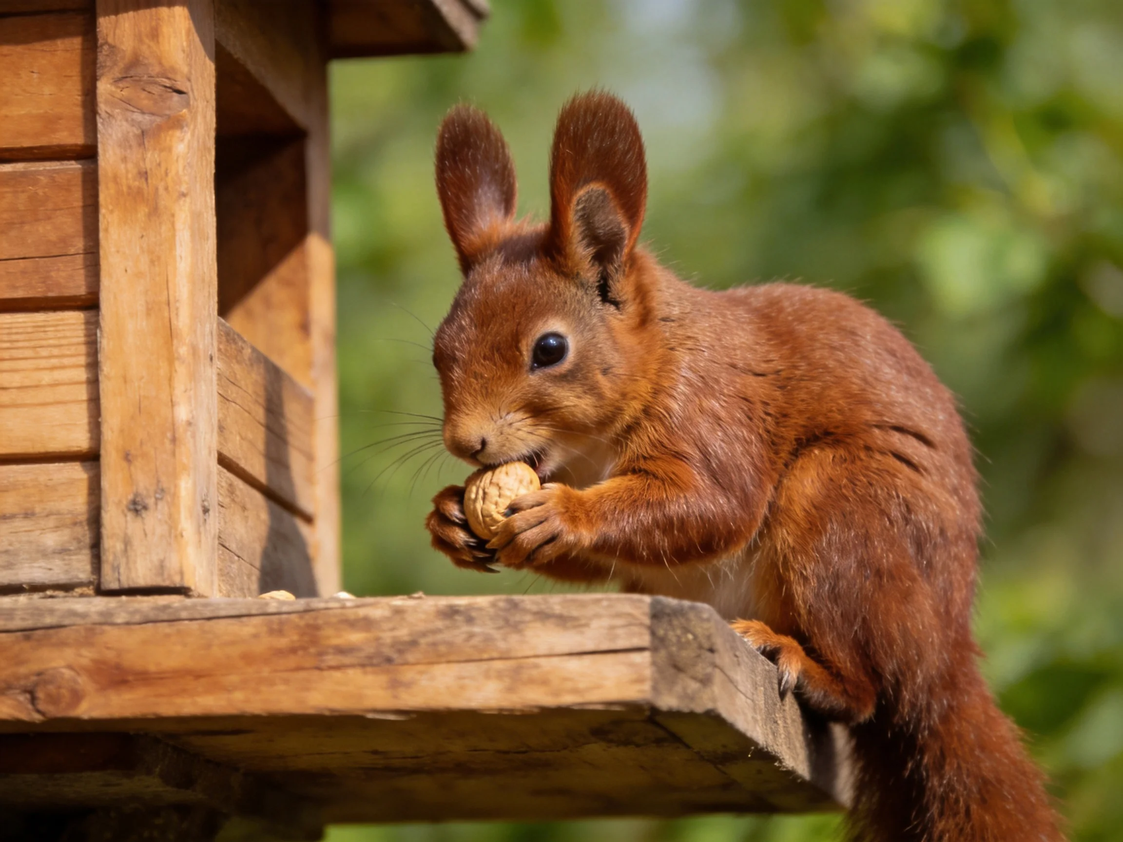 A reddish-brown squirrel eats a walnut by a wooden feeder