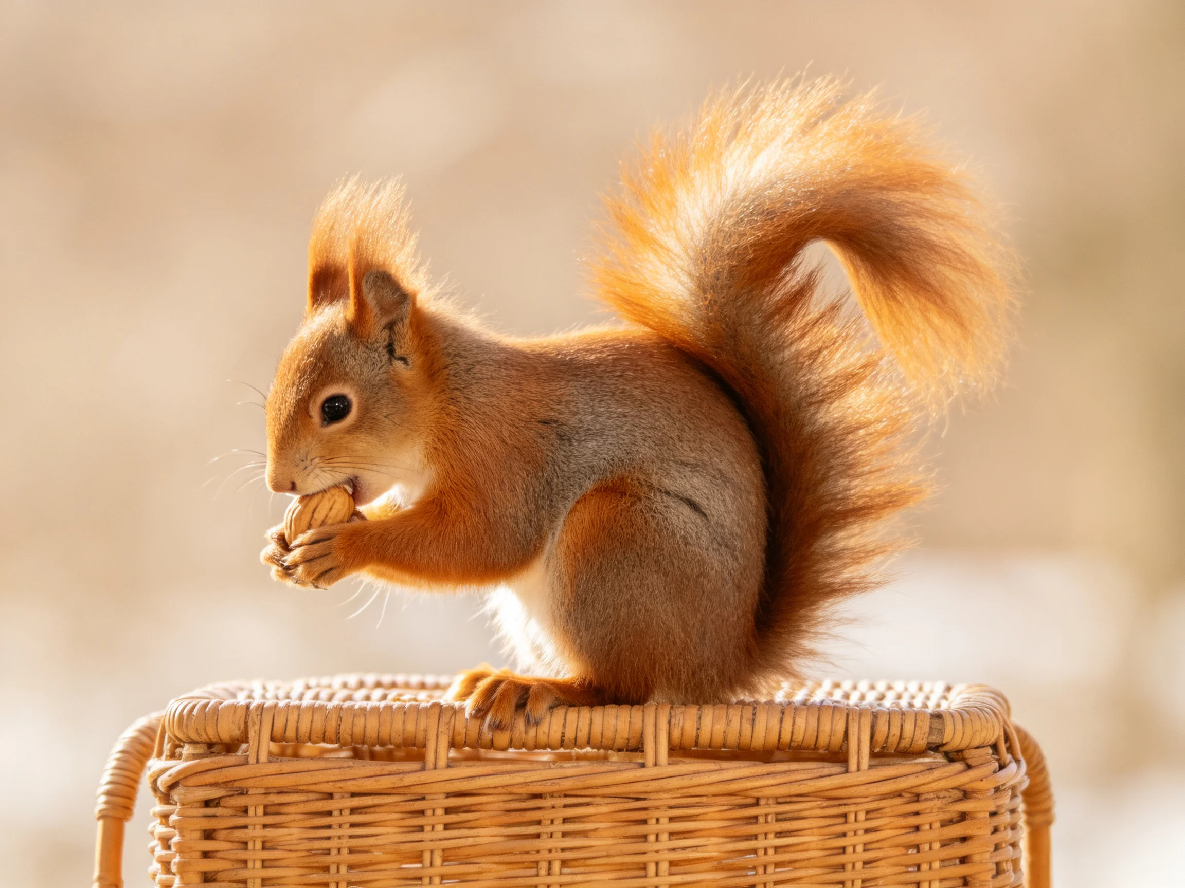 A squirrel eats nuts while sitting on a wicker basket.