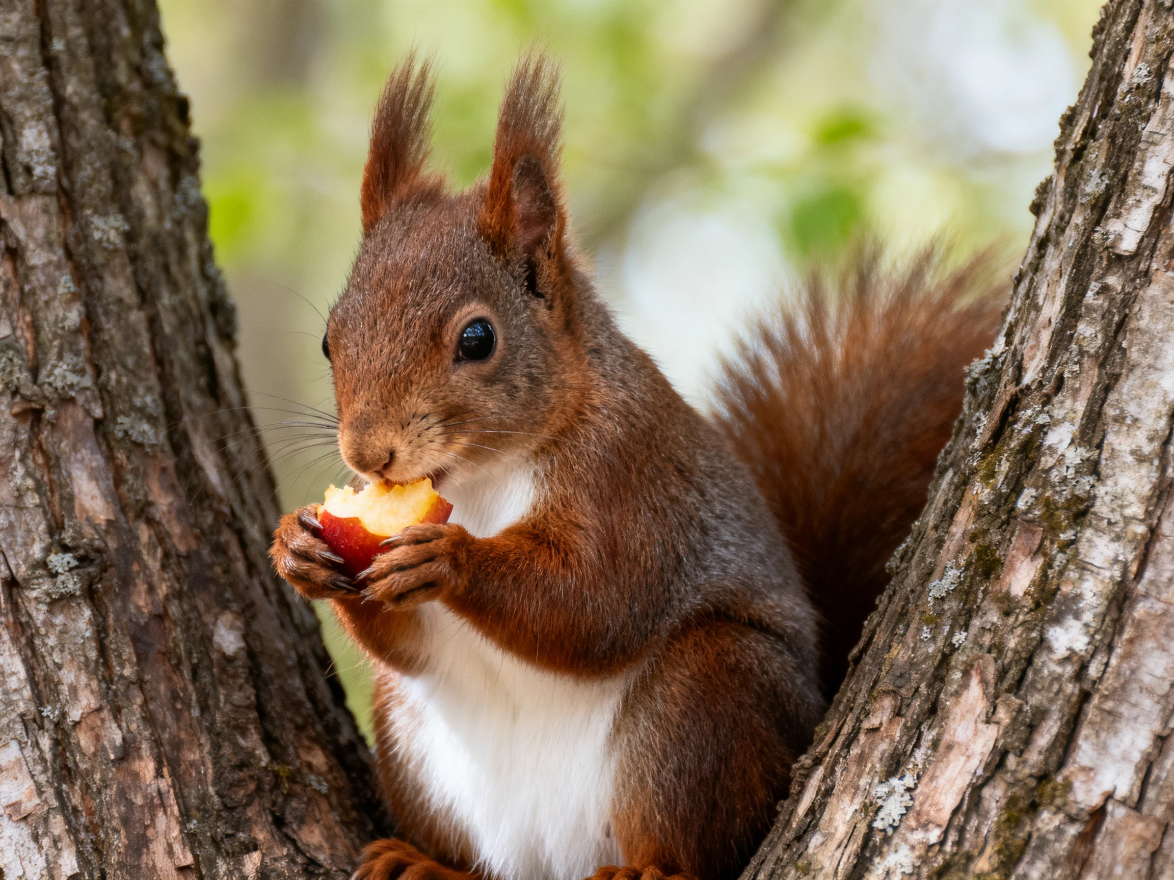 A reddish-brown squirrel enjoys an apple among tree trunks with green backdrop