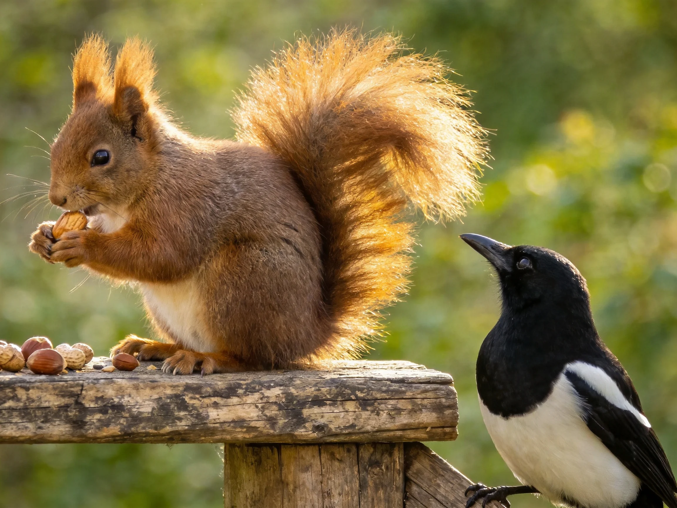 A squirrel eats nuts while a black-and-white bird observes nearby.