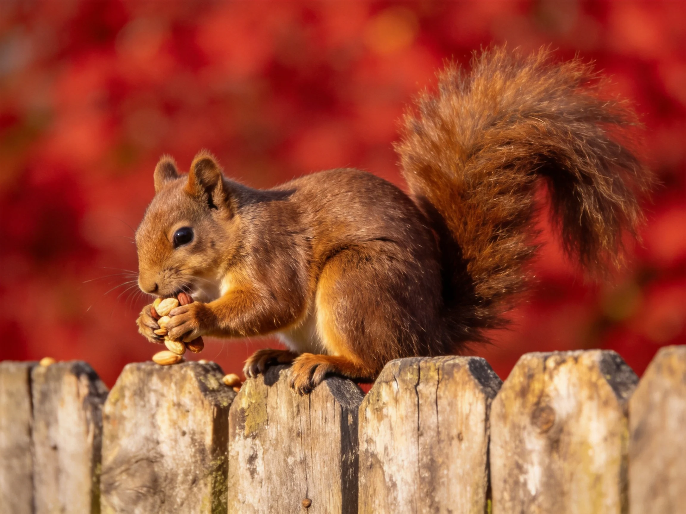 A reddish-brown squirrel feeds on seeds atop a weathered wooden fence with vibrant red foliage