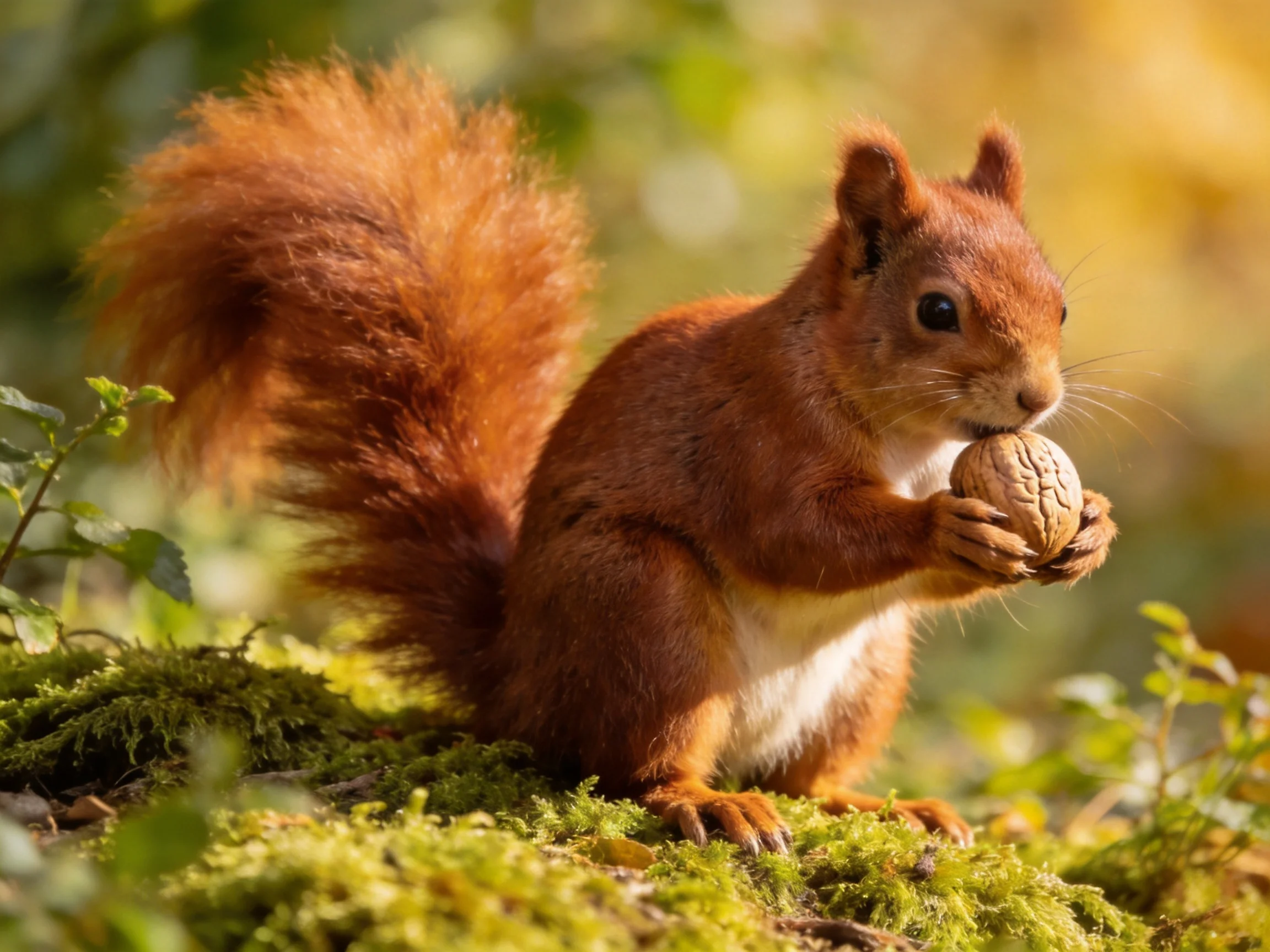 A reddish-brown squirrel holding a walnut on mossy terrain