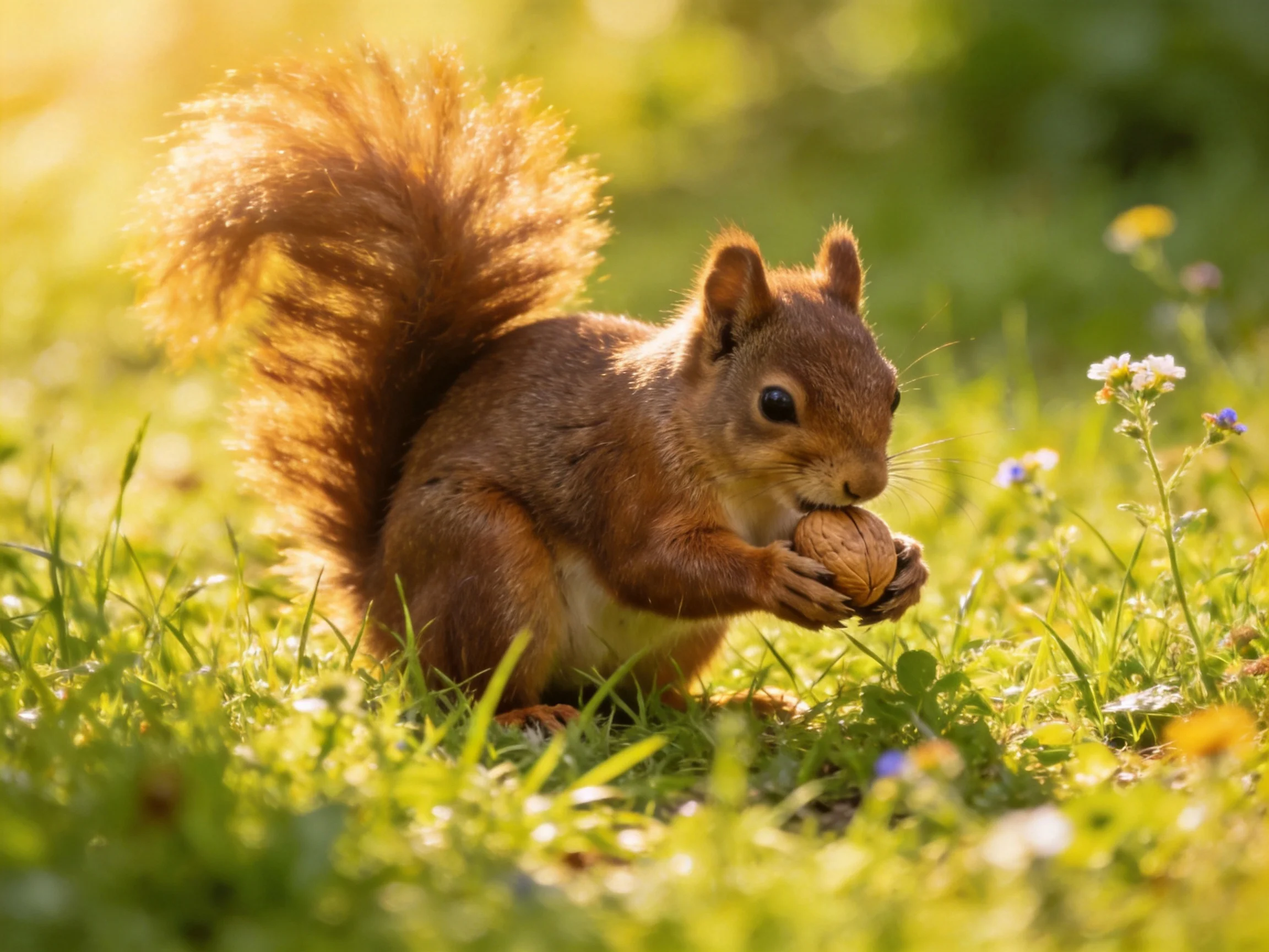 A squirrel holds a nut in sunlit grass with wildflowers