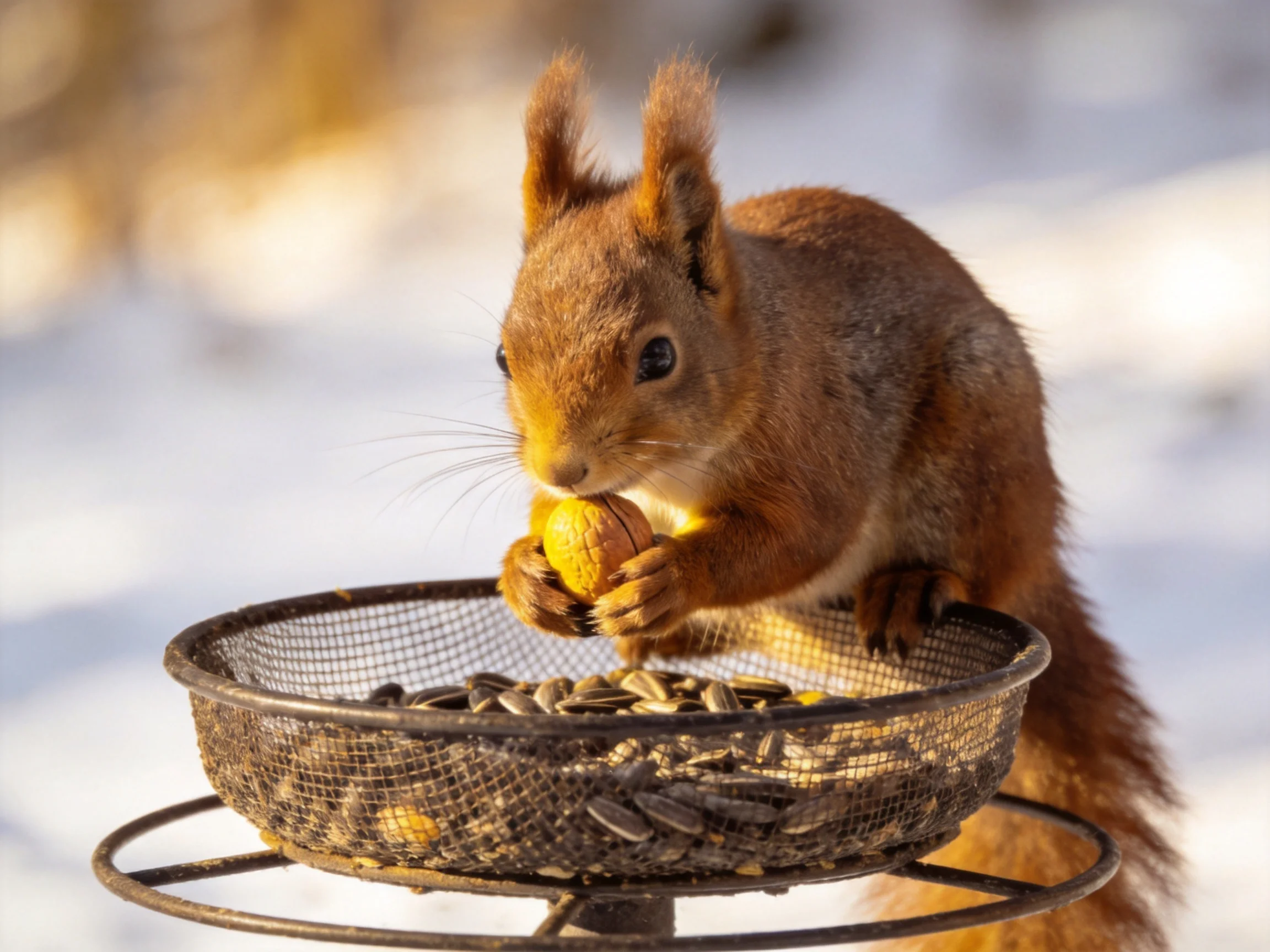 A reddish-brown squirrel holds a nut from a seed-filled feeder