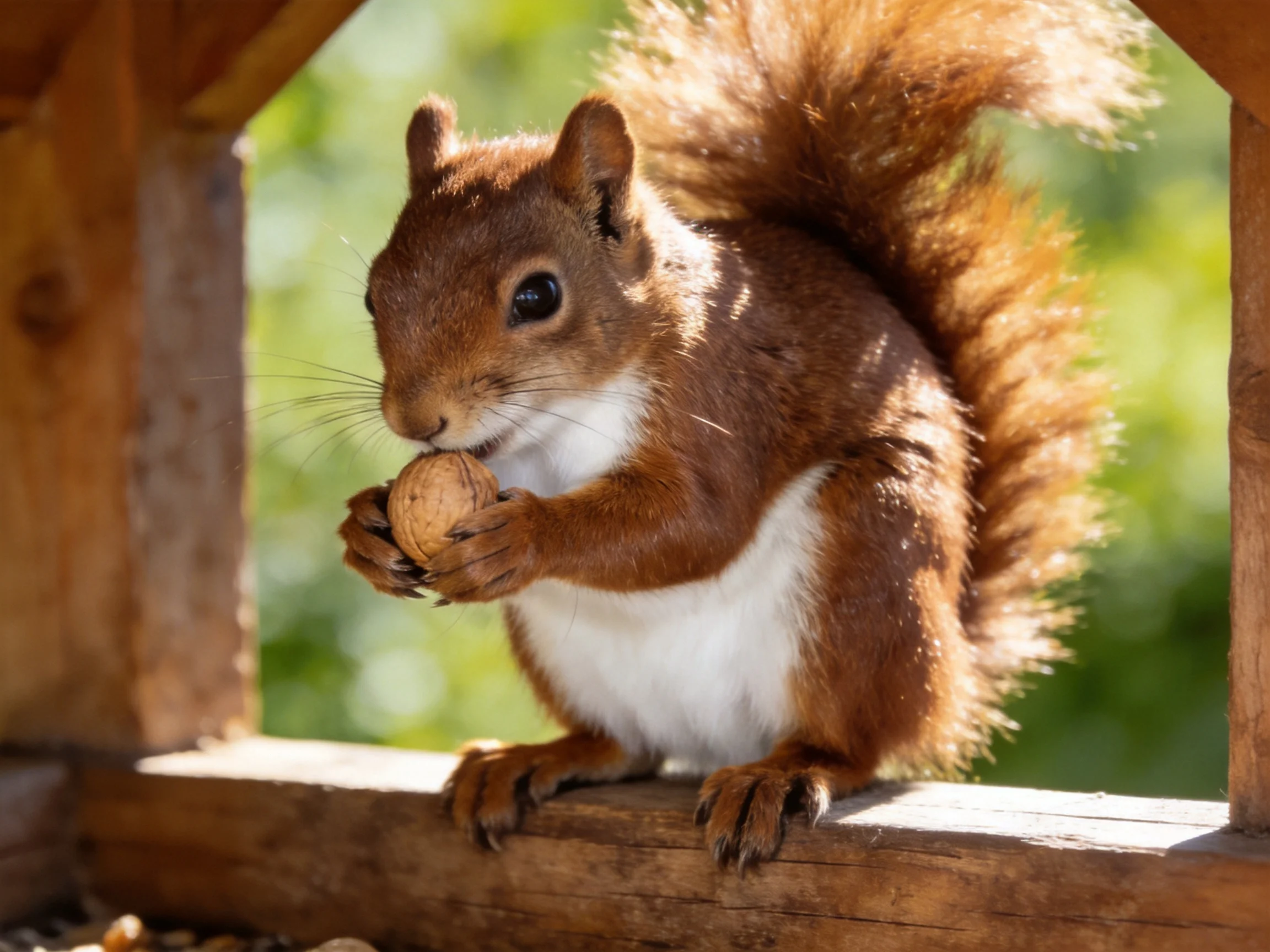 A squirrel holds a nut near a wooden structure