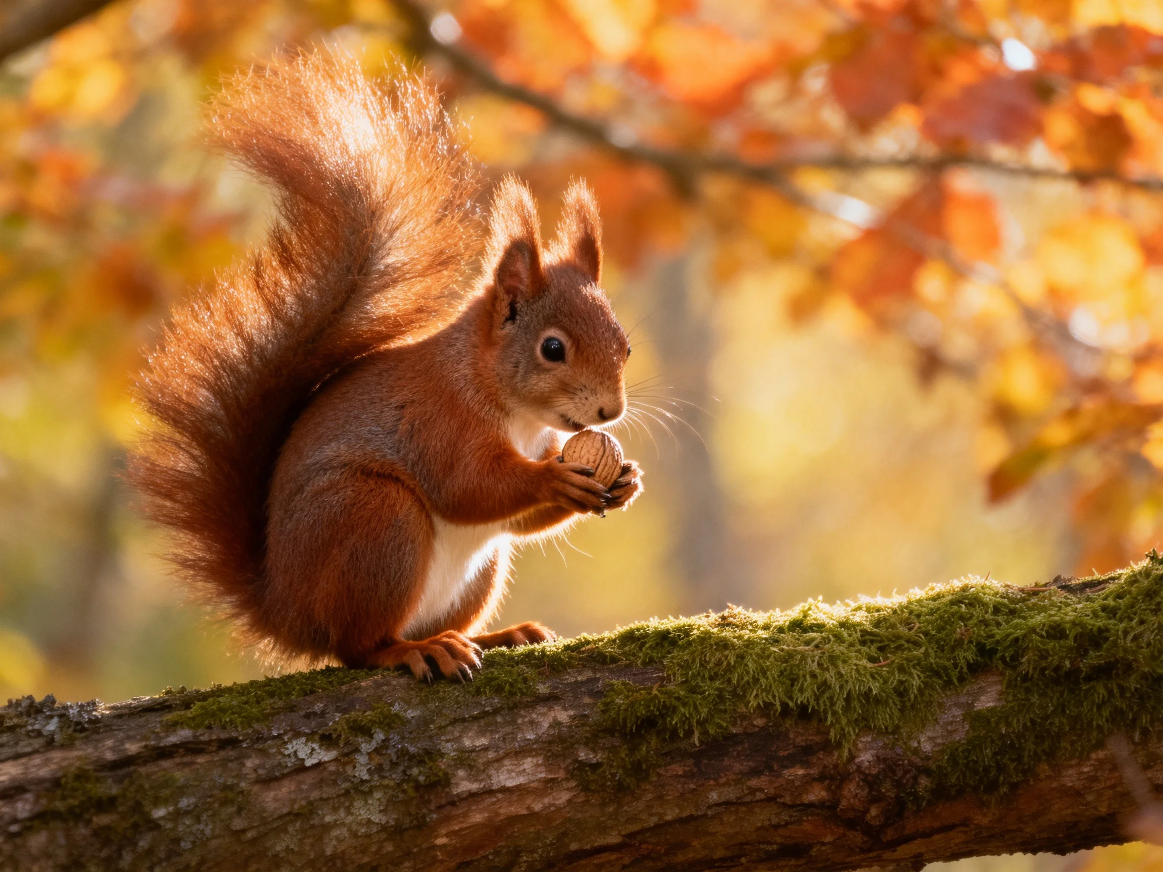 A squirrel holds a nut on a mossy branch surrounded by autumn leaves.