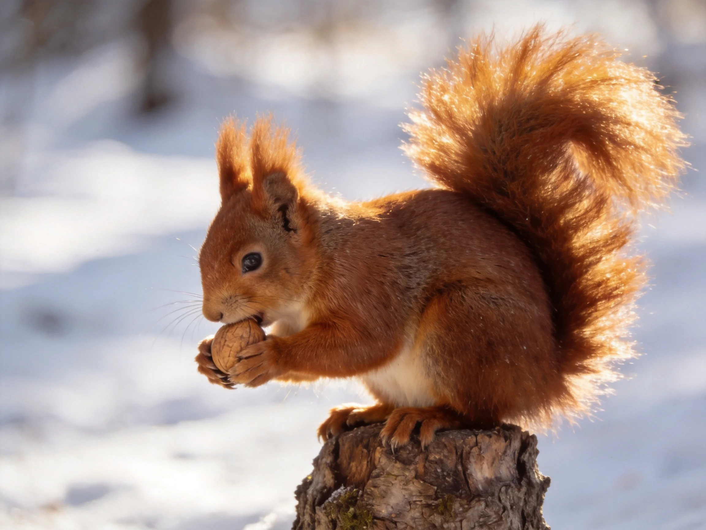 A reddish - brown squirrel holds a nut on a weathered tree stump amidst snow