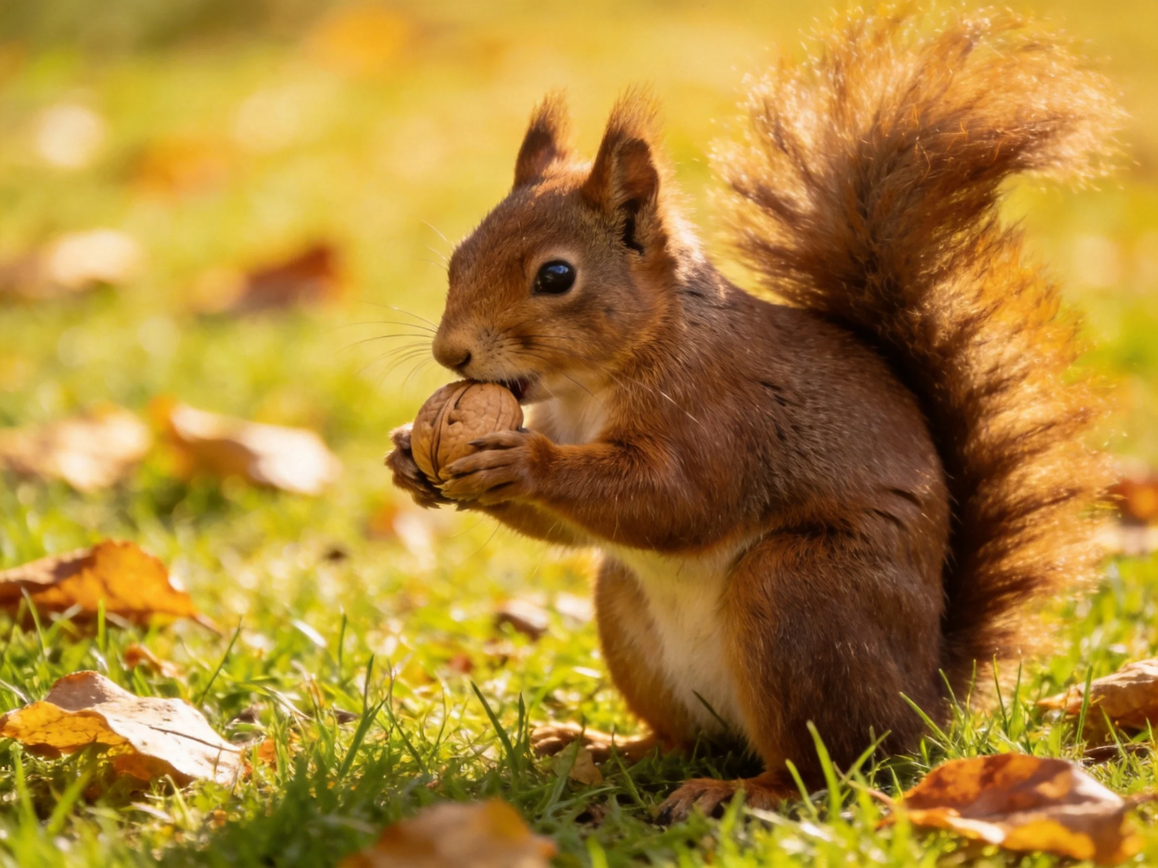 A reddish-brown squirrel holds a walnut amid golden fallen leaves