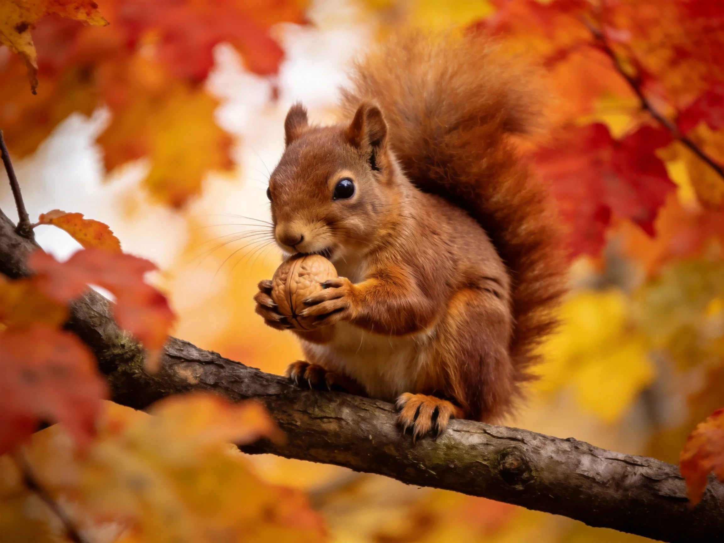 A reddish-brown squirrel holds a walnut among vibrant fall foliage
