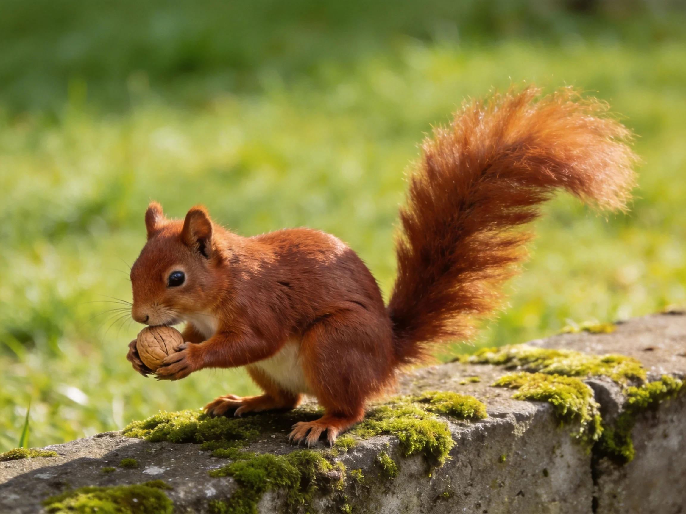 A reddish-brown squirrel holds a walnut while perched on a moss-covered stone ledge.