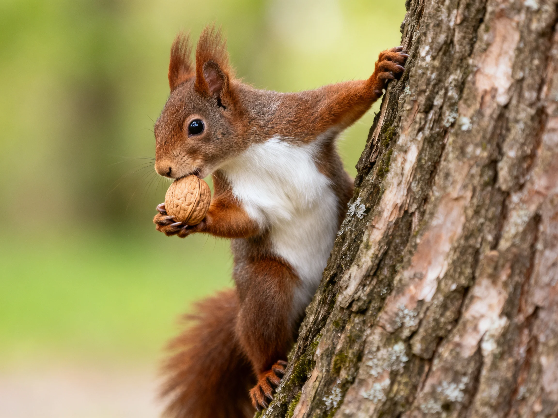 A squirrel clings to a tree trunk while holding a nut.