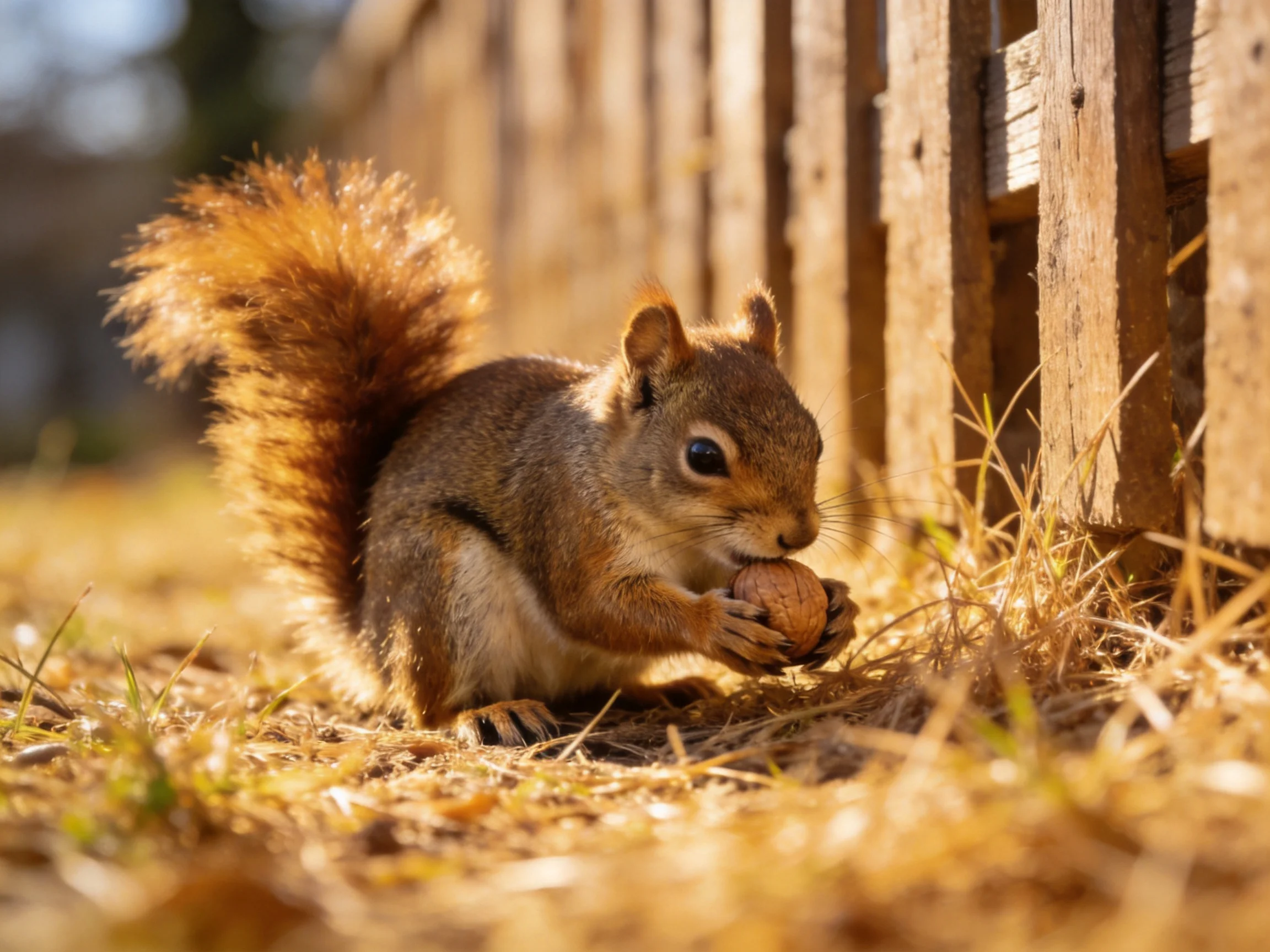 A reddish-brown squirrel holds a walnut near a wooden fence