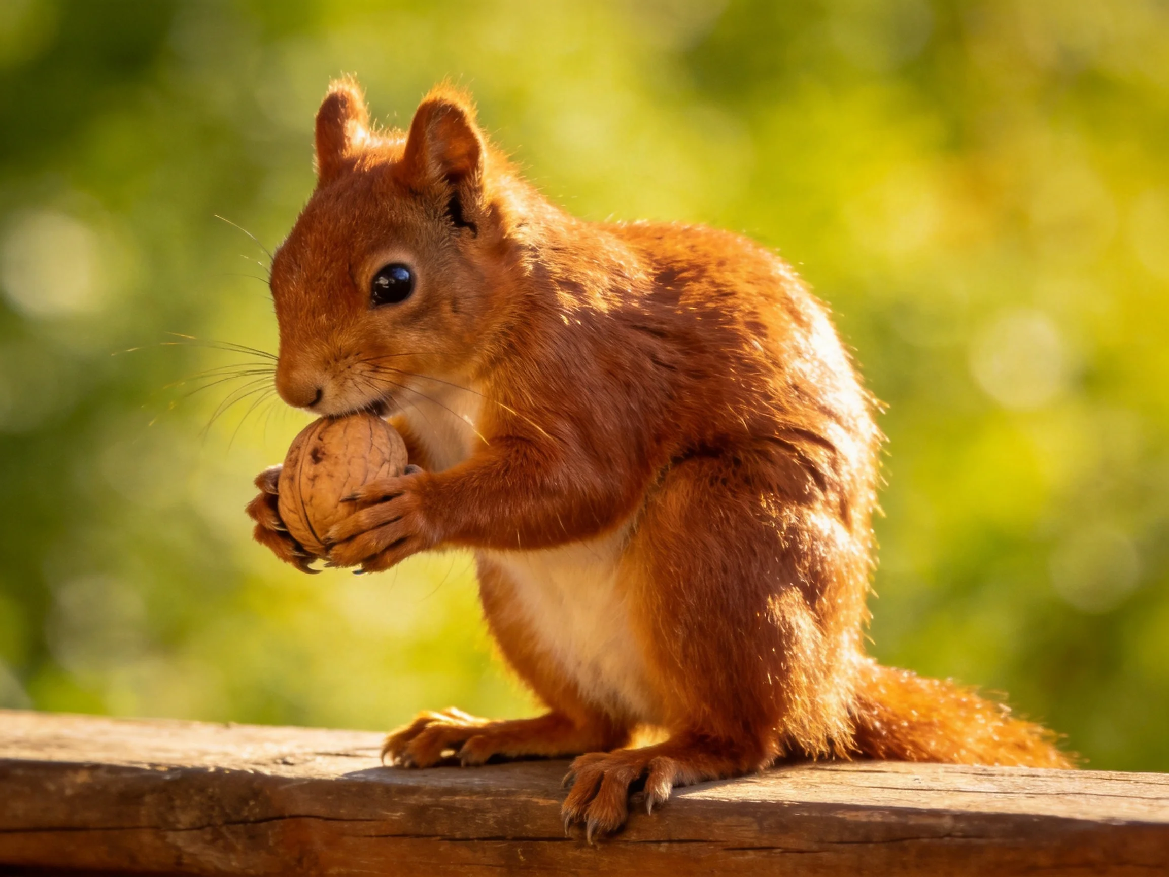 A reddish-brown squirrel holds a walnut on a wooden beam