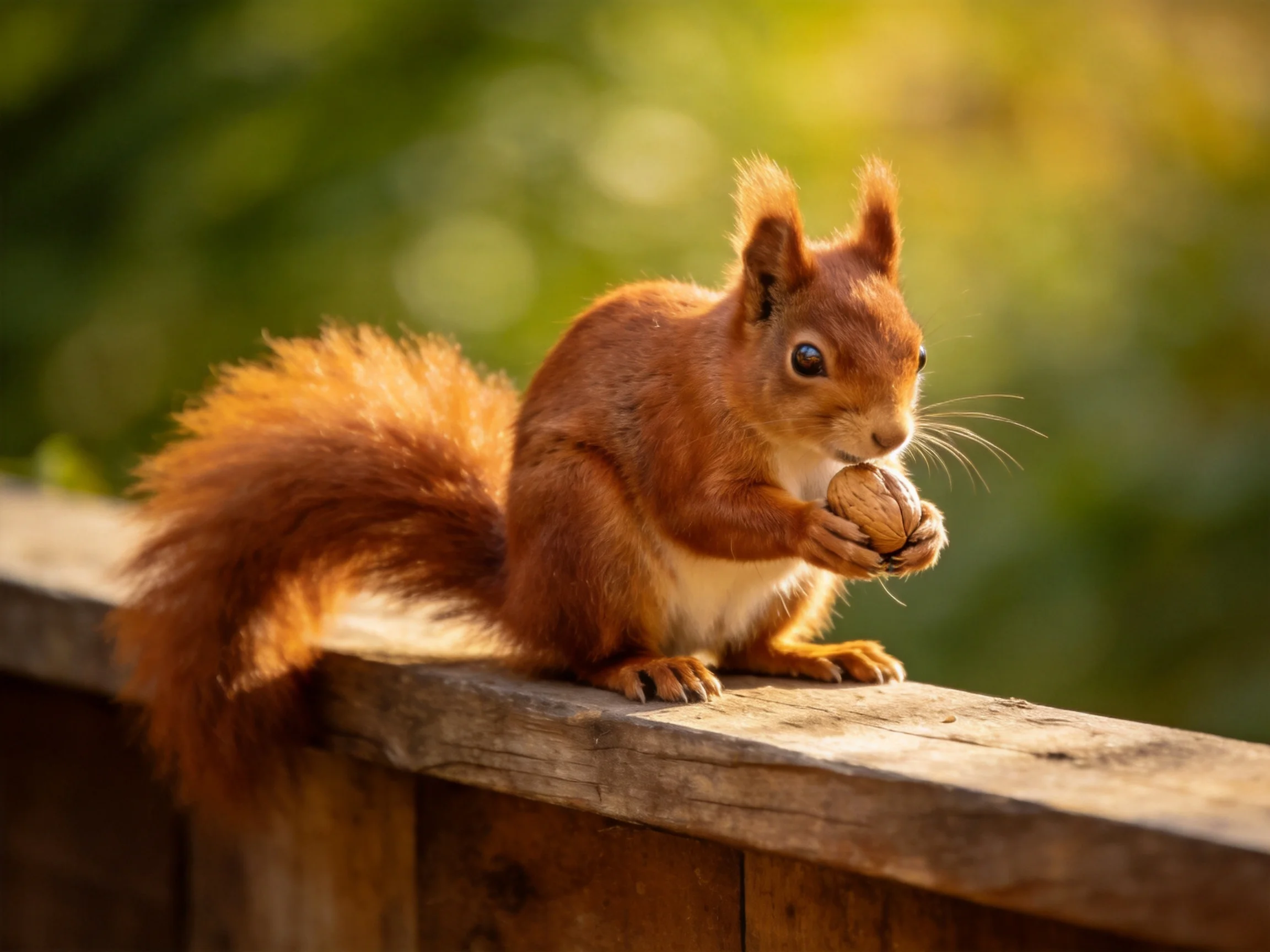 A squirrel holds a nut on an outdoor wooden structure.