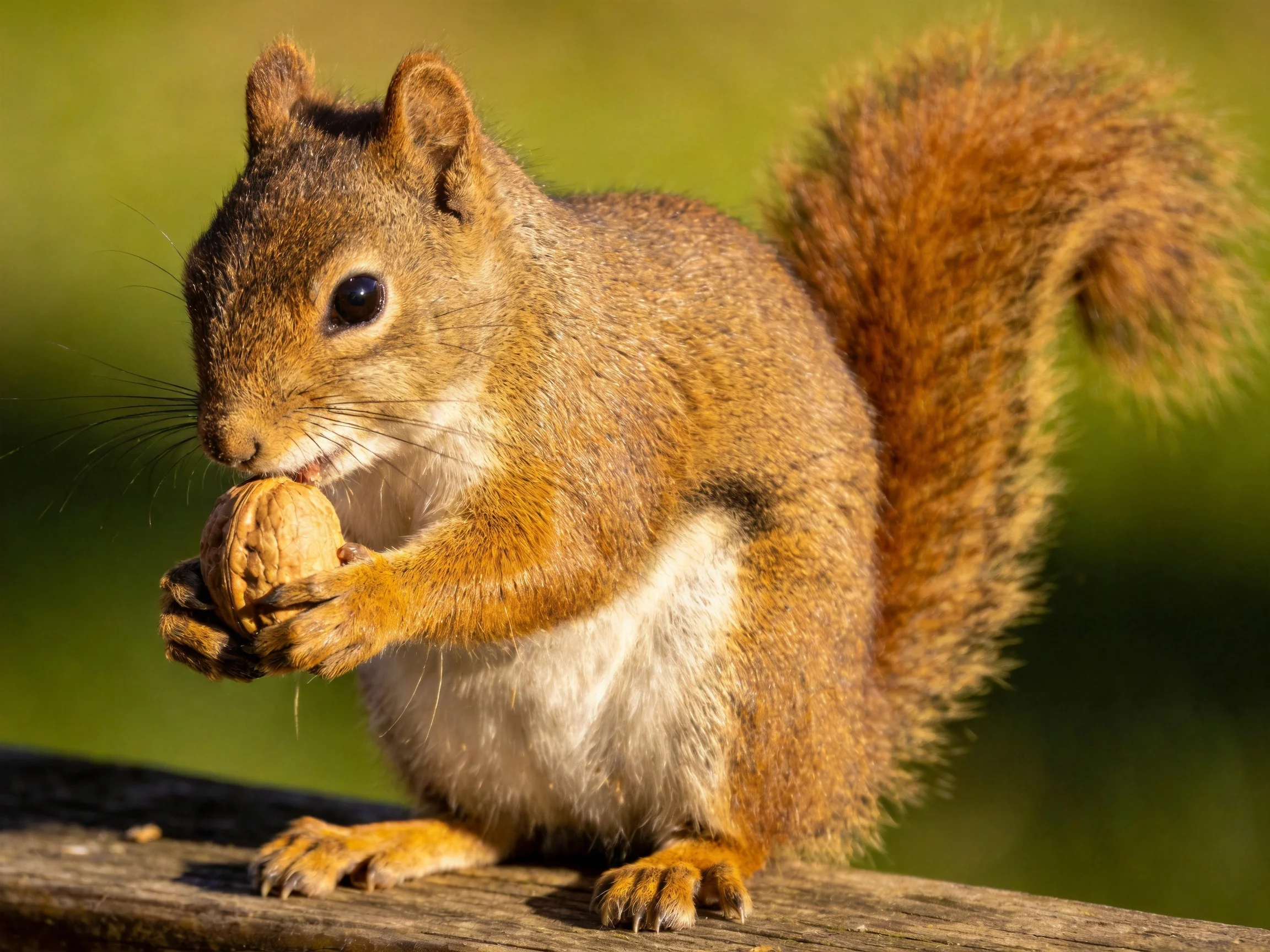 A squirrel holds a walnut while sitting on wood.