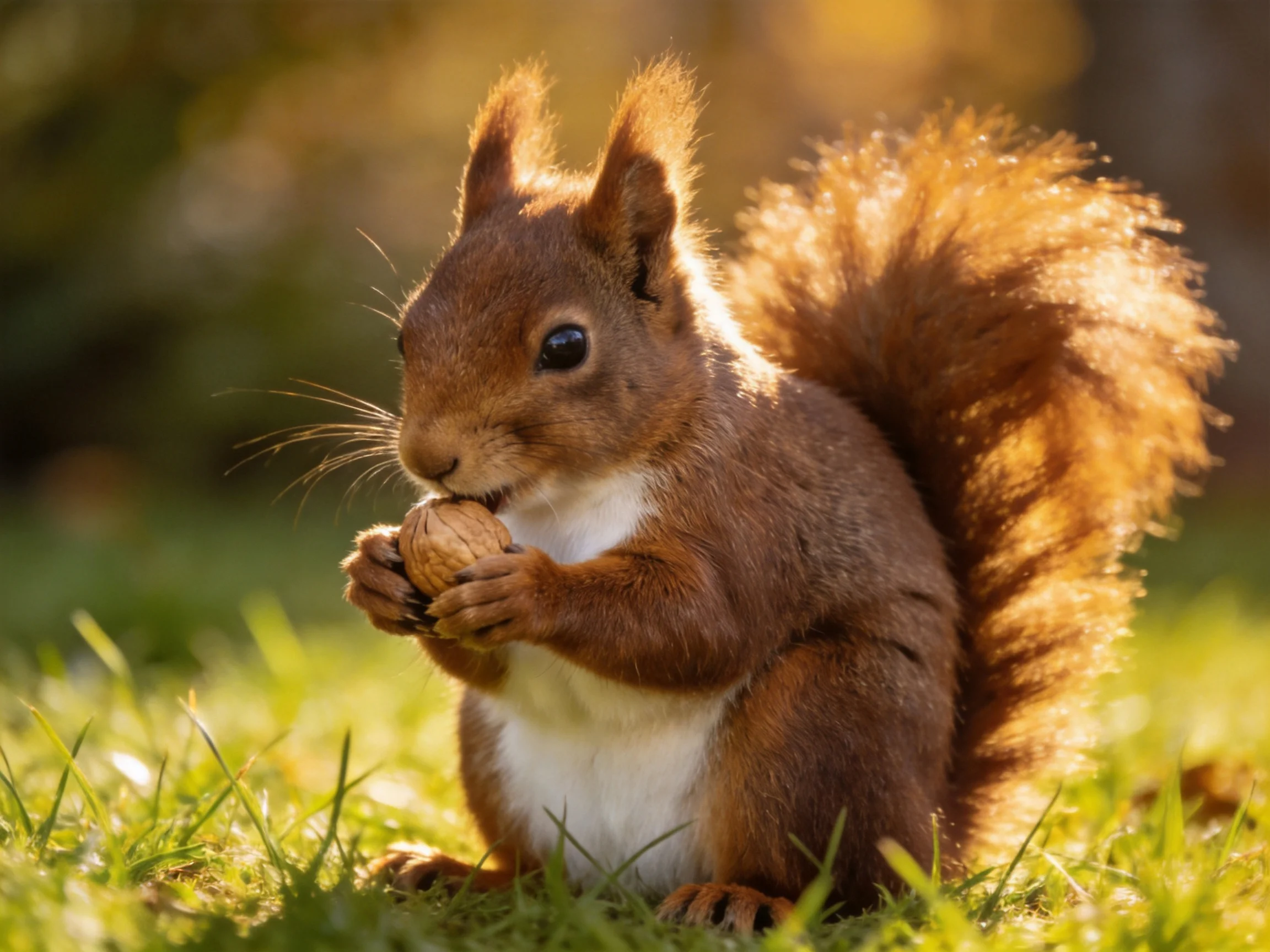 A reddish-brown squirrel holds a walnut on sunlit green grass