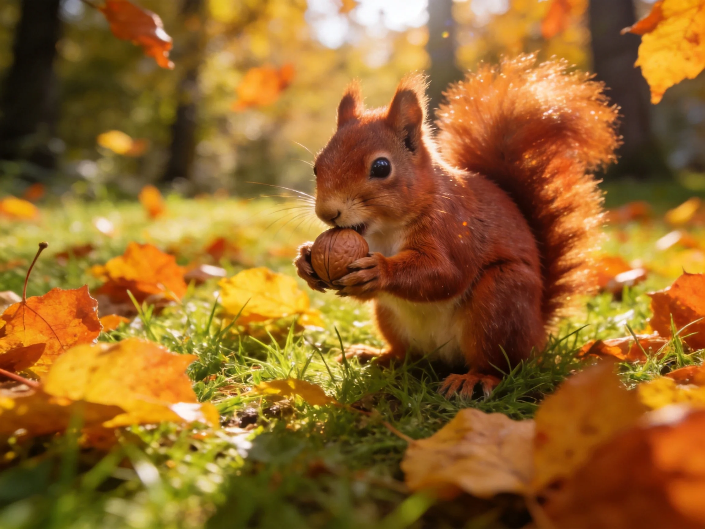 A reddish-brown squirrel holds one nut amid golden autumn leaves