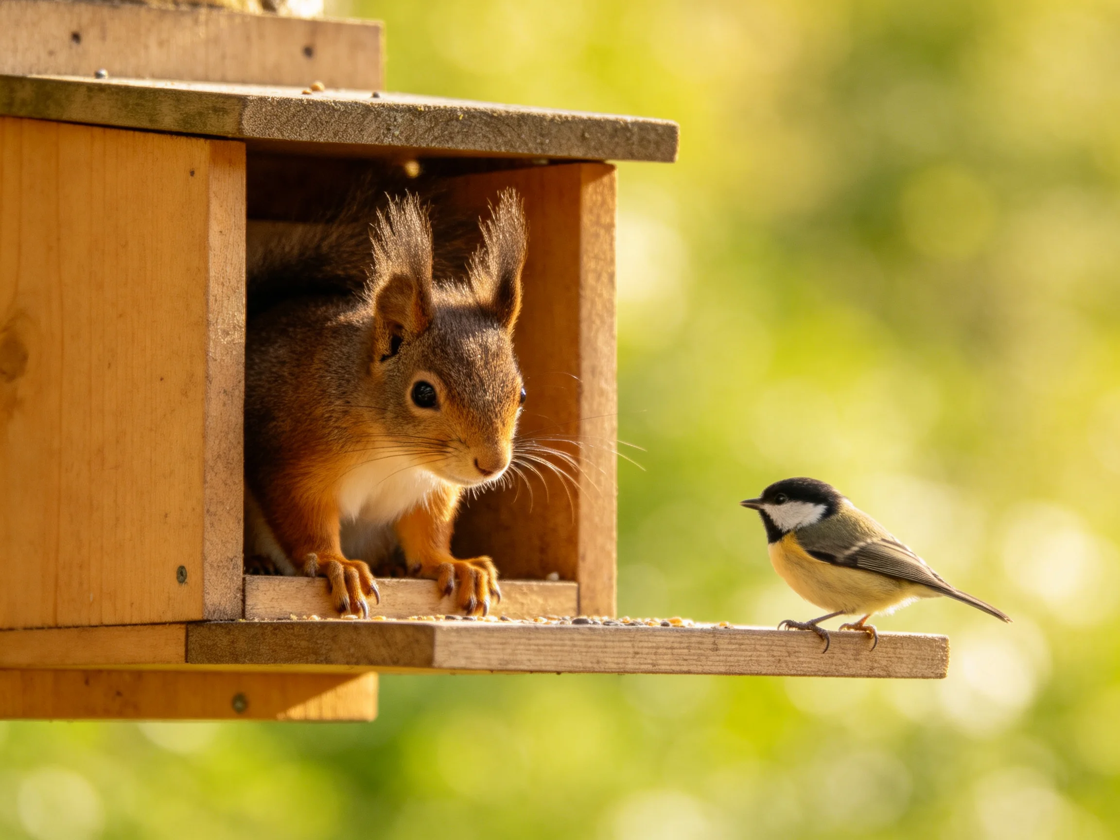 A squirrel and a small bird interact near a wooden feeder.