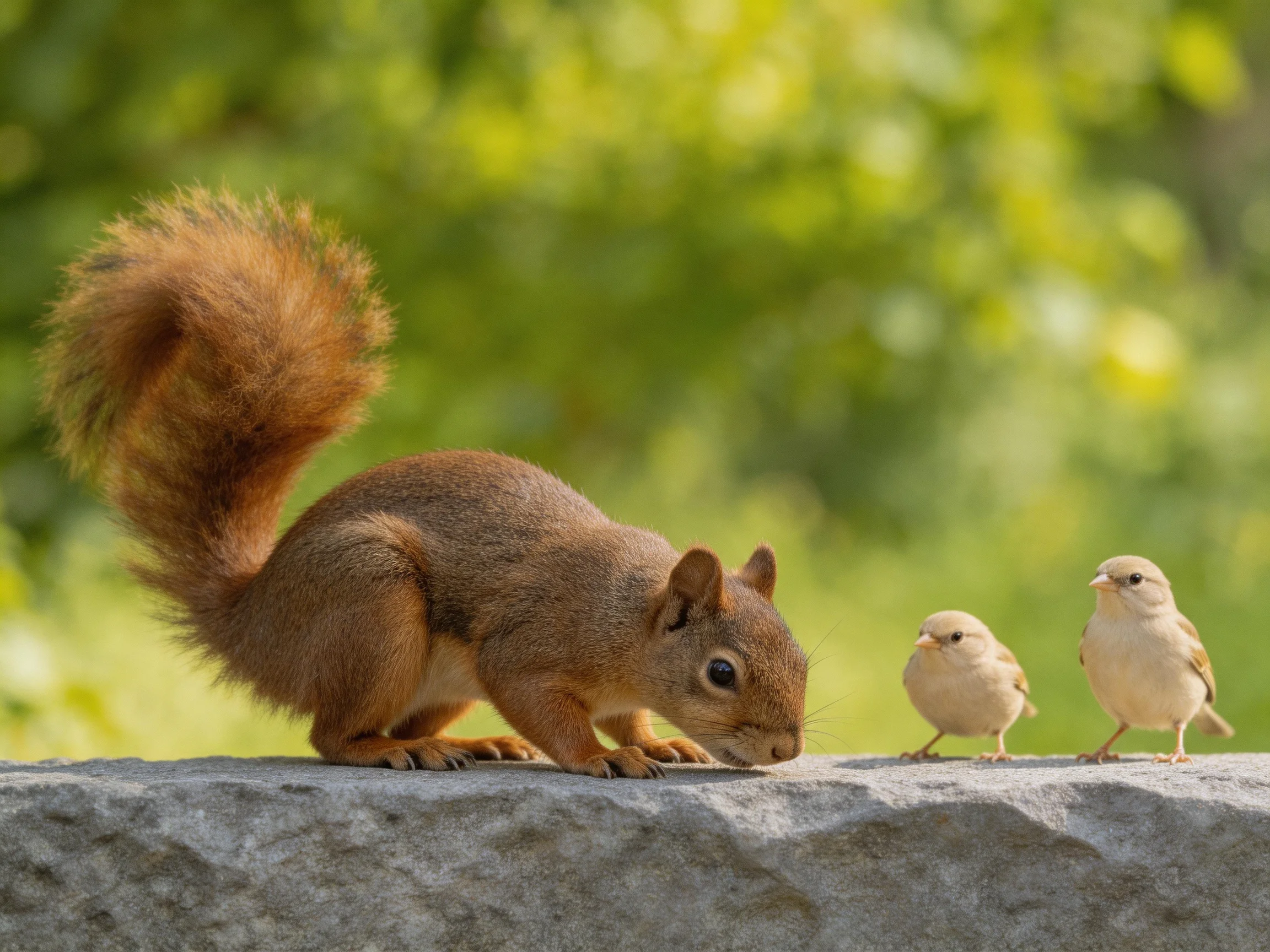 A reddish-brown squirrel interacts with two small birds on a gray stone ledge