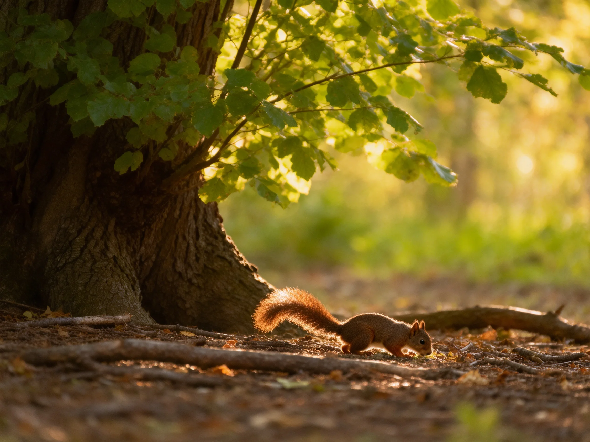 A reddish-brown squirrel forages near a large tree in a sunlit forest.